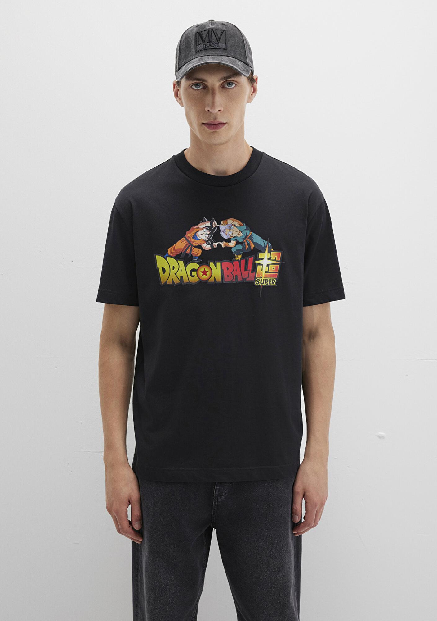 Mavi Dragon Ball Baskılı Siyah Tişört Loose Fit / Bol Rahat Kesim 0612932-900