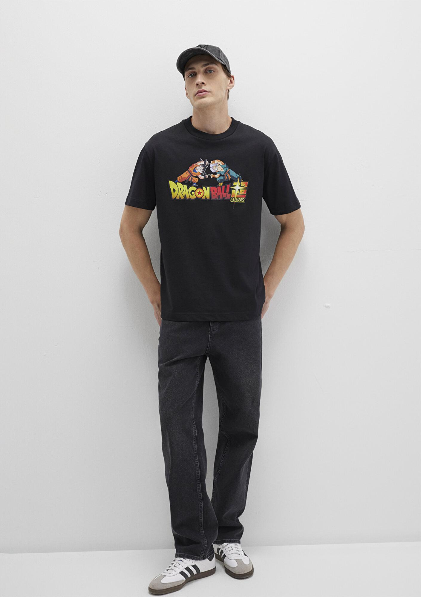 Mavi Dragon Ball Baskılı Siyah Tişört Loose Fit / Bol Rahat Kesim 0612932-900