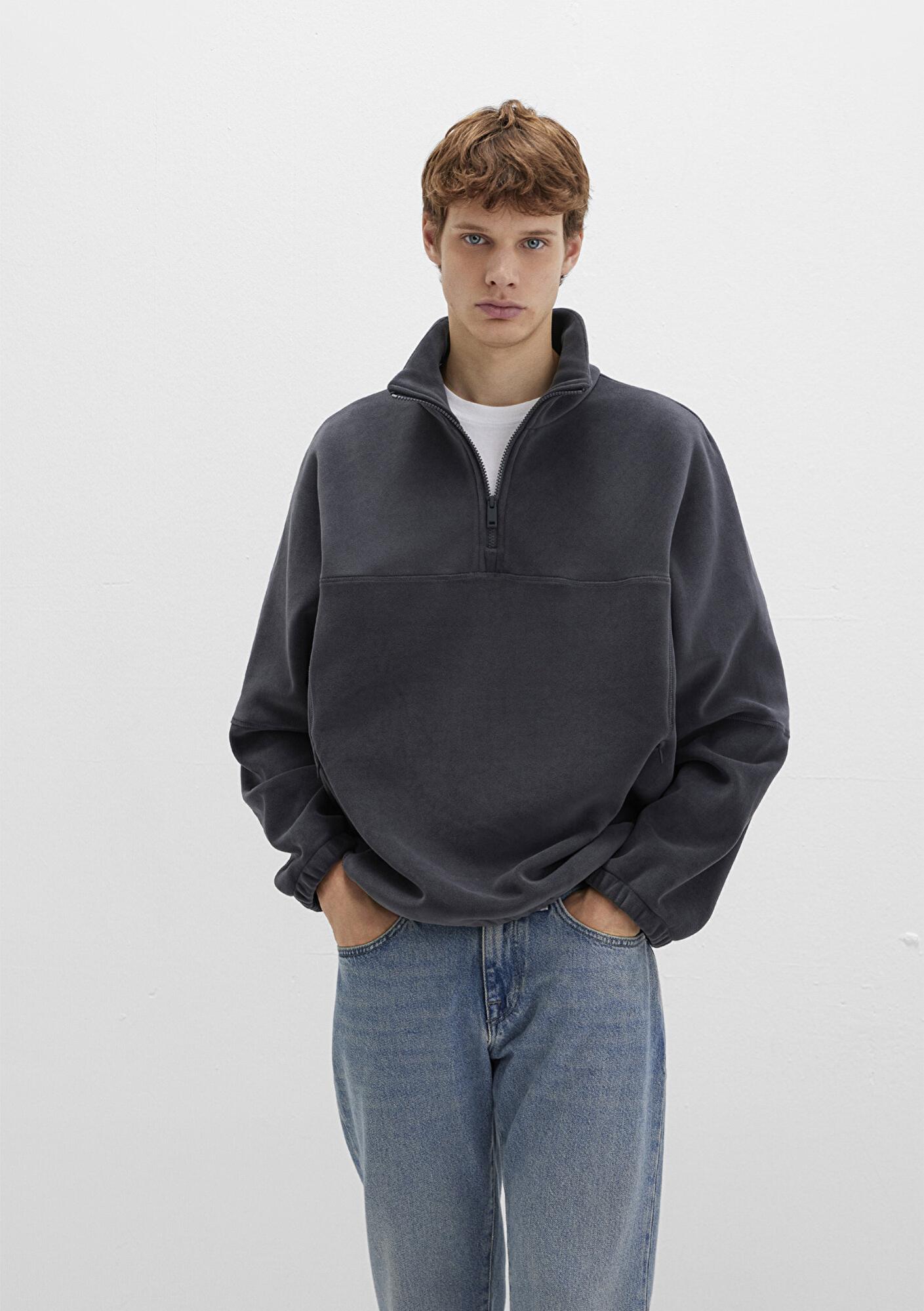 Mavi Dik Yaka Antrasit Polar Sweatshirt Loose Fit / Bol Rahat Kesim 0110738-80776