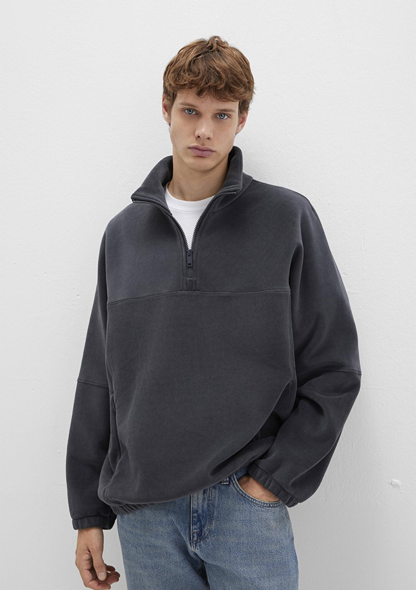 Mavi Dik Yaka Antrasit Polar Sweatshirt Loose Fit / Bol Rahat Kesim 0110738-80776