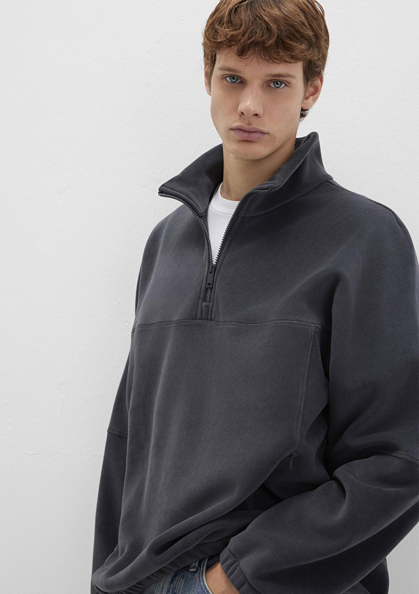 Mavi Dik Yaka Antrasit Polar Sweatshirt Loose Fit / Bol Rahat Kesim 0110738-80776