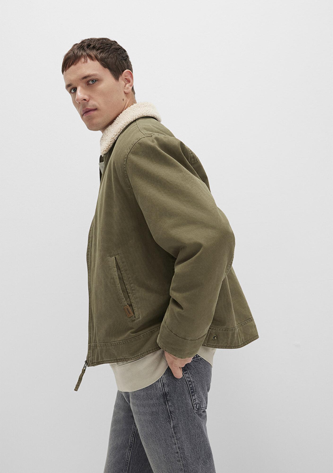 Mavi Suni Kürk Detaylı Yeşil Ceket Loose Fit / Bol Rahat Kesim 0110627-87538