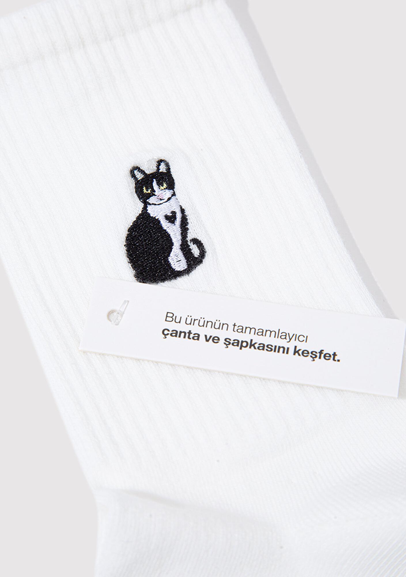 Mavi Kedi Nakışlı Beyaz Soket Çorabı 1913433-620