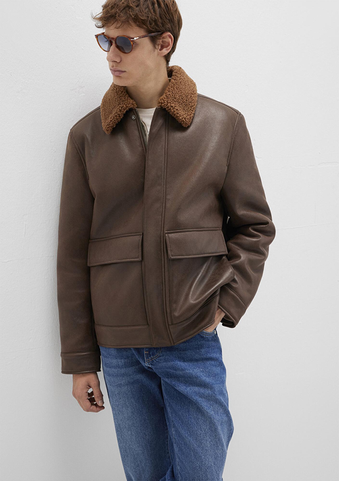 Mavi Kahverengi Suni Kürk Detaylı Suni Deri Ceket Regular Fit / Normal Kesim 0110669-70240