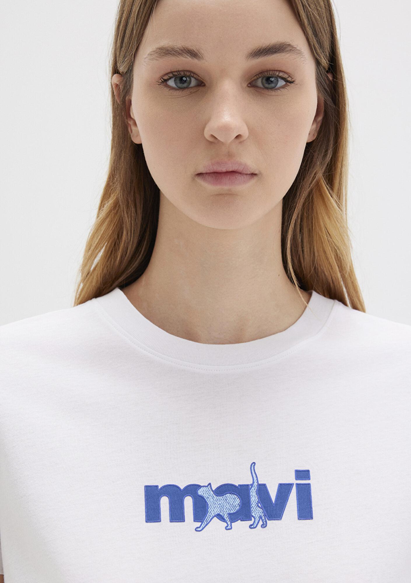 Mavi Mavi Kedi Baskılı Beyaz Tişört Semi Slim Fit / Yarı Dar Kesim 1613287-620