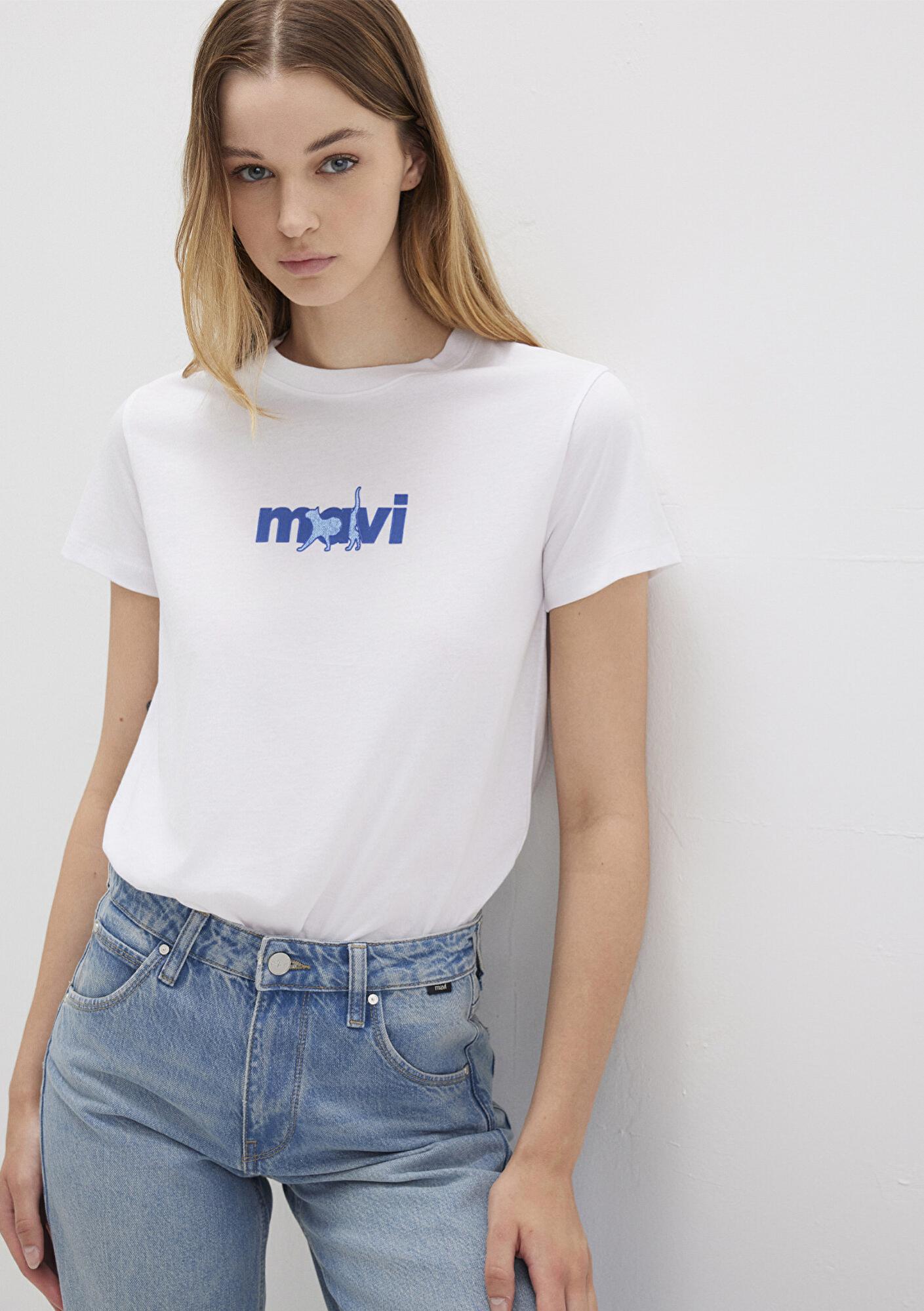 Mavi Mavi Kedi Baskılı Beyaz Tişört Semi Slim Fit / Yarı Dar Kesim 1613287-620