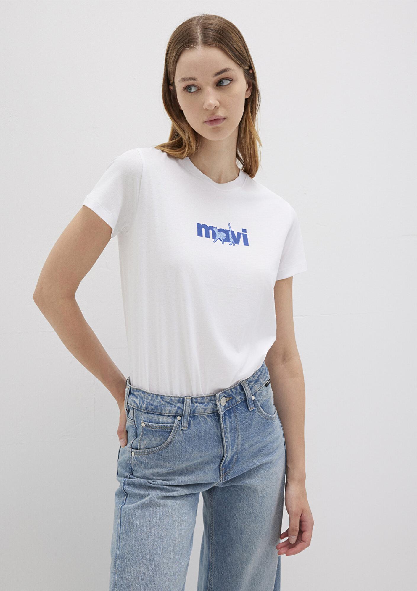 Mavi Mavi Kedi Baskılı Beyaz Tişört Semi Slim Fit / Yarı Dar Kesim 1613287-620