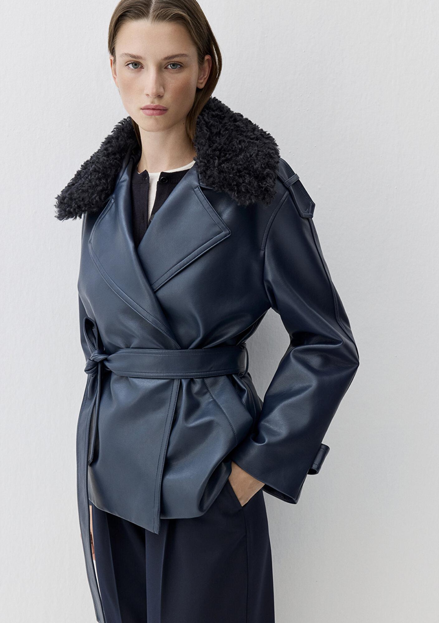 Mavi Lacivert Suni Kürk Detaylı Suni Deri Ceket Loose Fit / Bol Rahat Kesim 1110717-87822