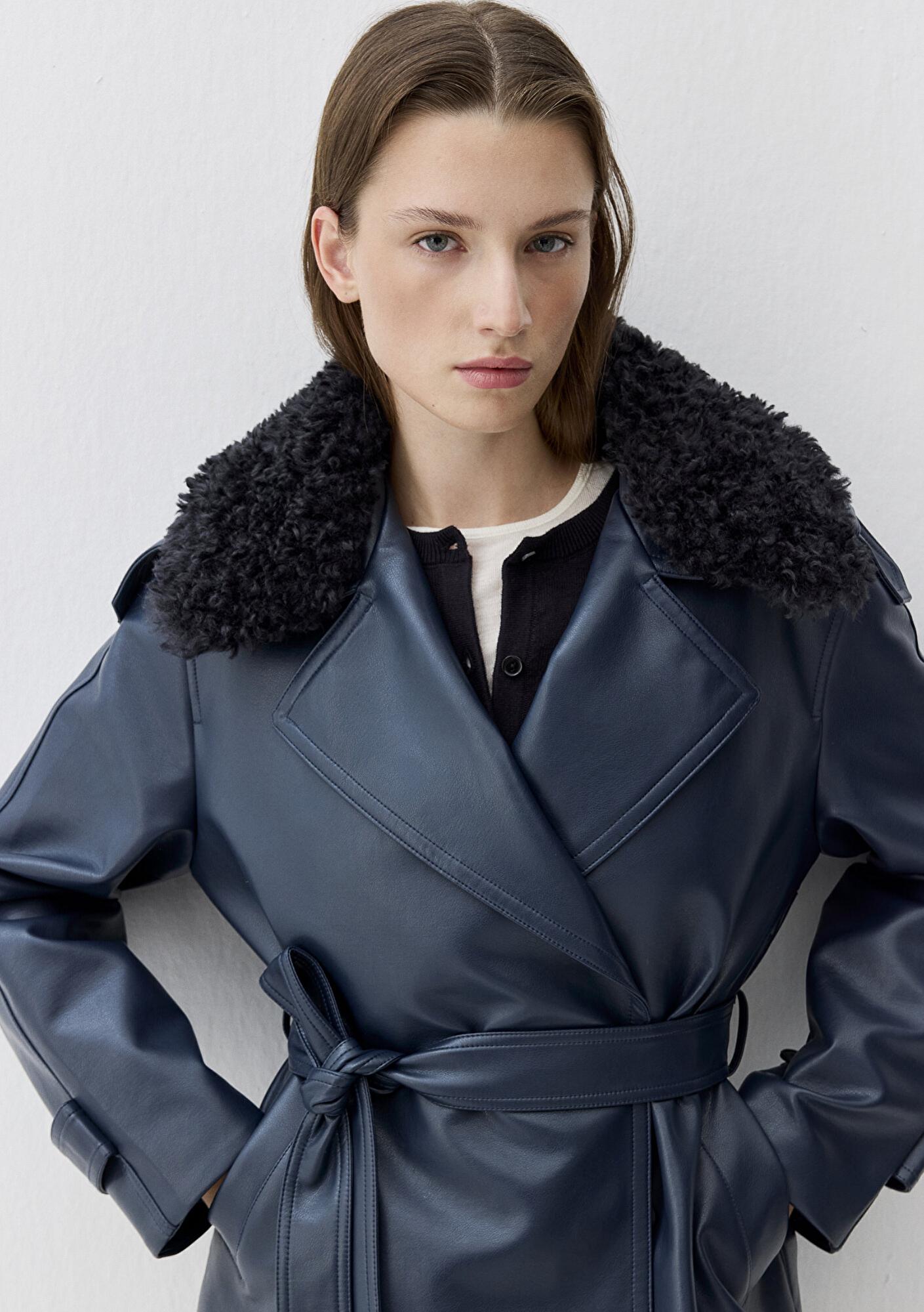 Mavi Lacivert Suni Kürk Detaylı Suni Deri Ceket Loose Fit / Bol Rahat Kesim 1110717-87822