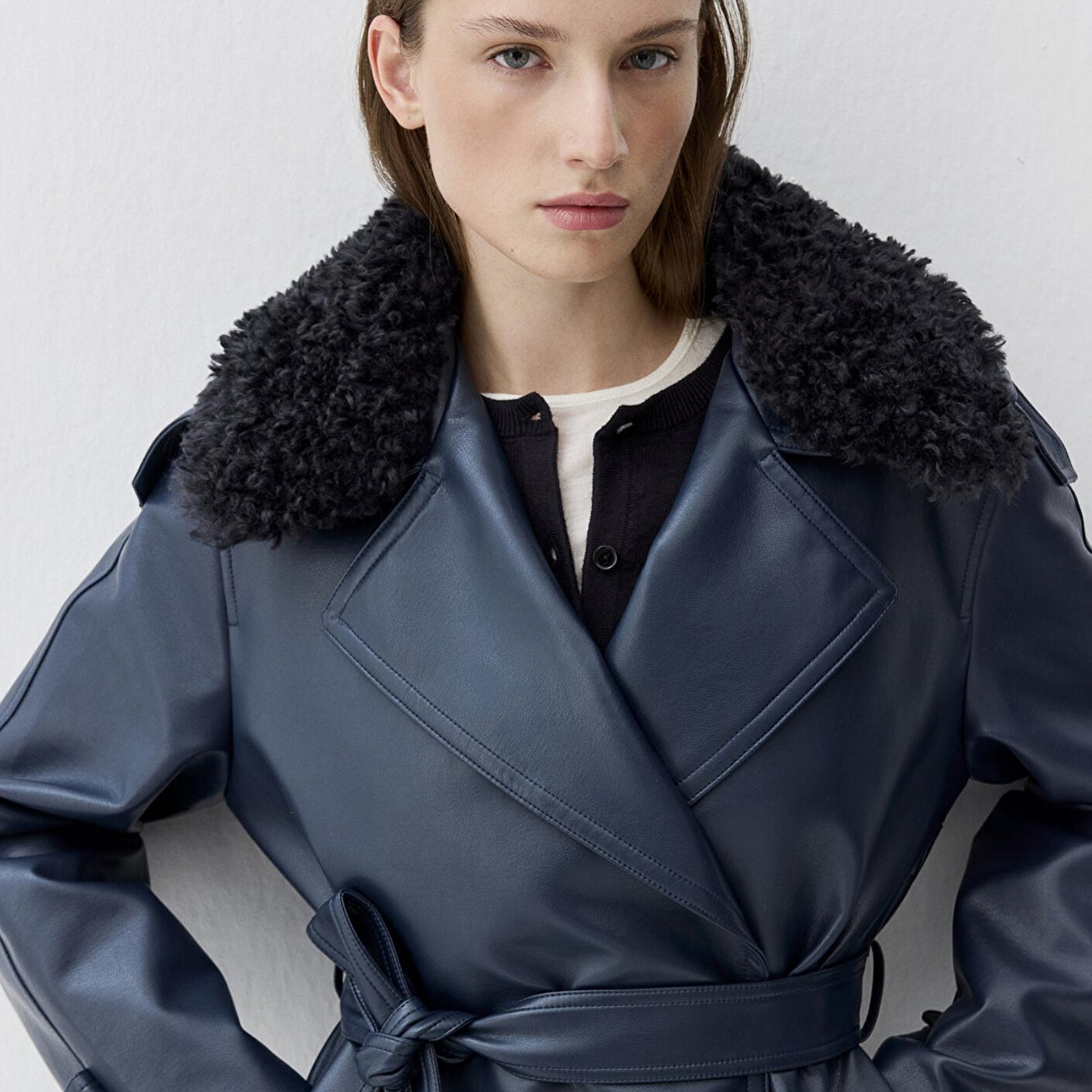 Mavi Lacivert Suni Kürk Detaylı Suni Deri Ceket Loose Fit / Bol Rahat Kesim 1110717-87822