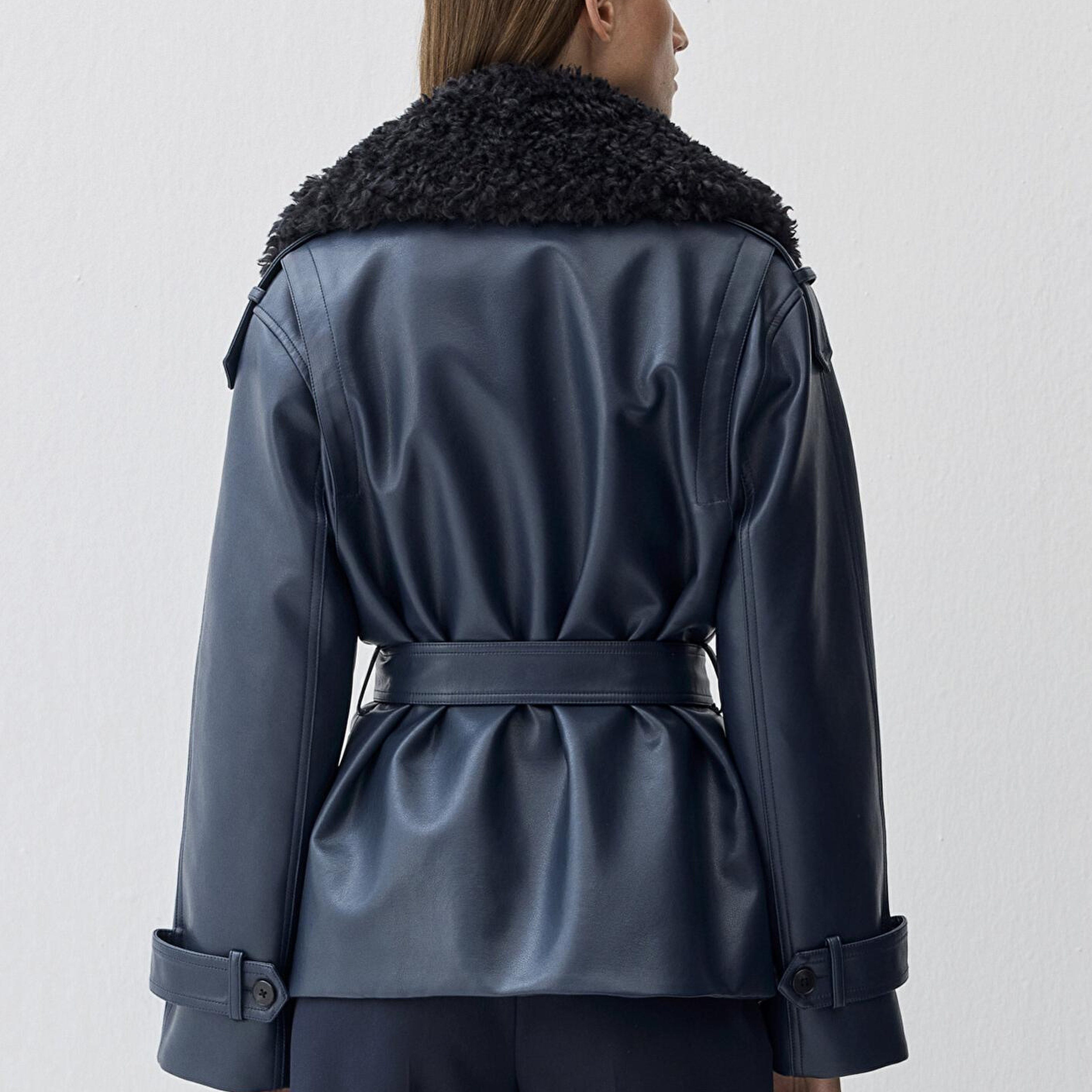 Mavi Lacivert Suni Kürk Detaylı Suni Deri Ceket Loose Fit / Bol Rahat Kesim 1110717-87822