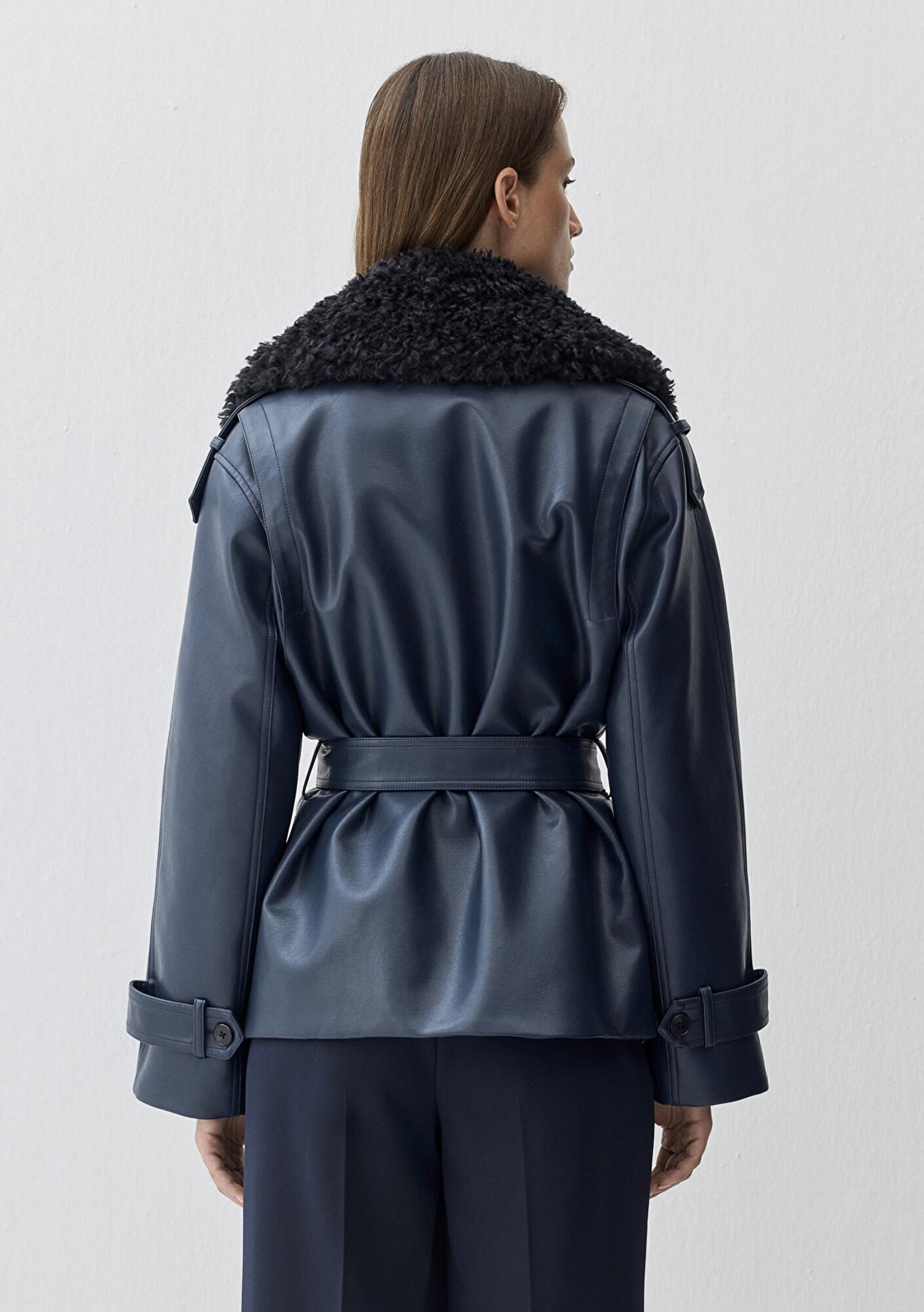 Mavi Lacivert Suni Kürk Detaylı Suni Deri Ceket Loose Fit / Bol Rahat Kesim 1110717-87822