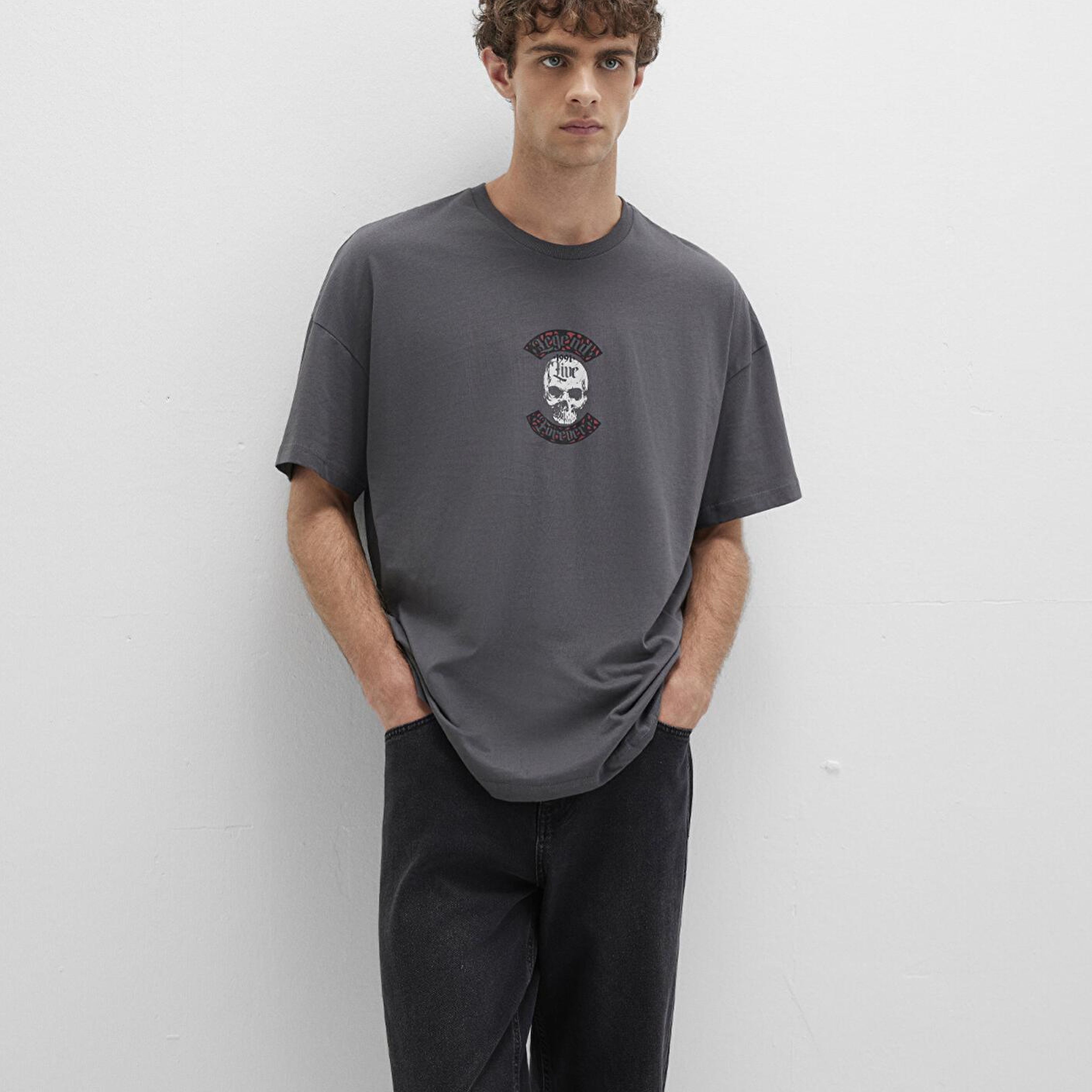 Mavi Kuru Kafa Baskılı Antrasit Tişört Oversize / Geniş Kesim 0612704-70088