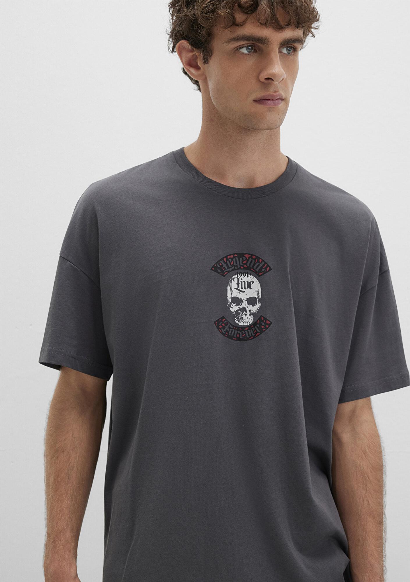 Mavi Kuru Kafa Baskılı Antrasit Tişört Oversize / Geniş Kesim 0612704-70088