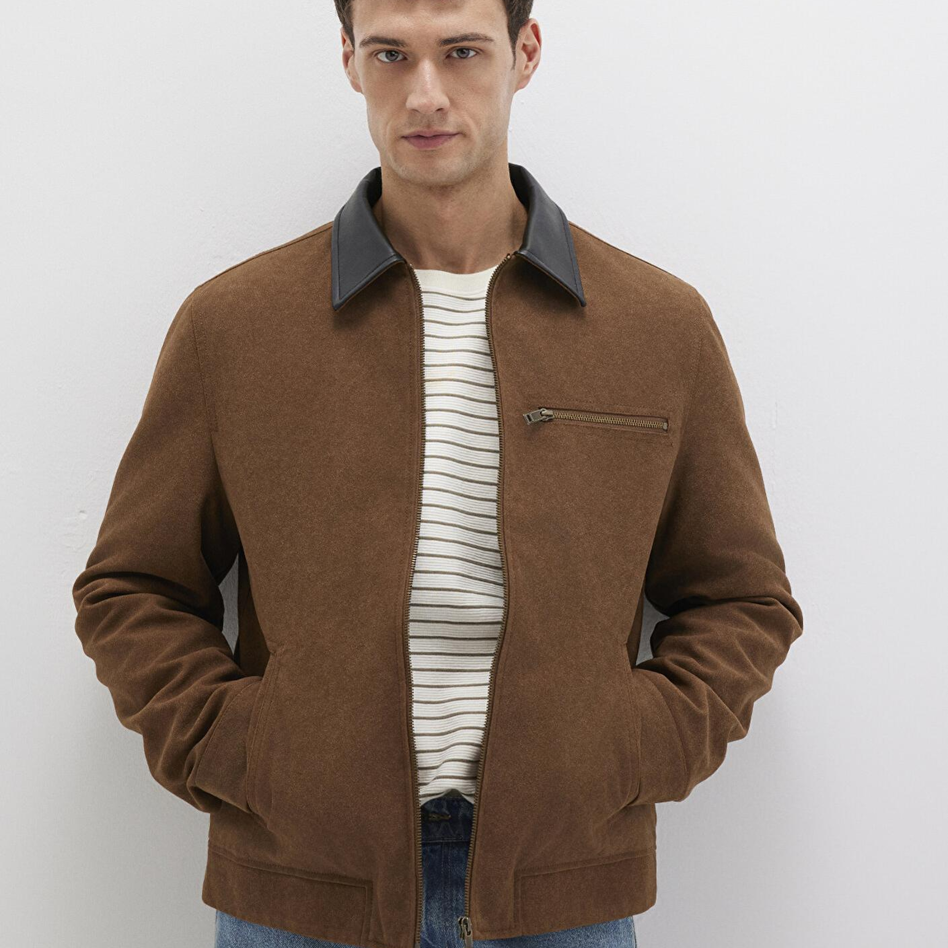 Mavi Yaka Detaylı Kahverengi Suni Süet Ceket Regular Fit / Normal Kesim 0110638-70378