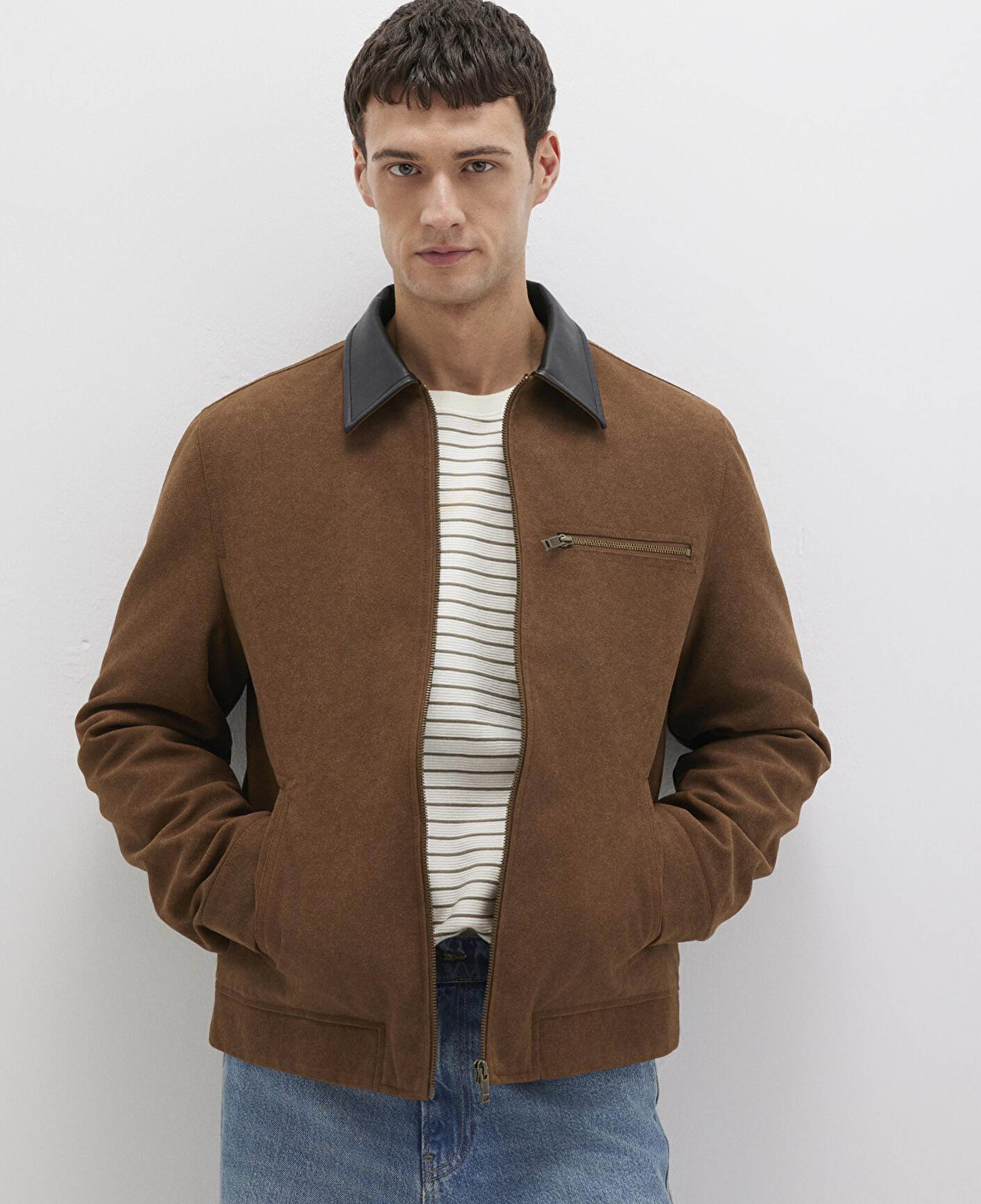 Mavi Yaka Detaylı Kahverengi Suni Süet Ceket Regular Fit / Normal Kesim 0110638-70378