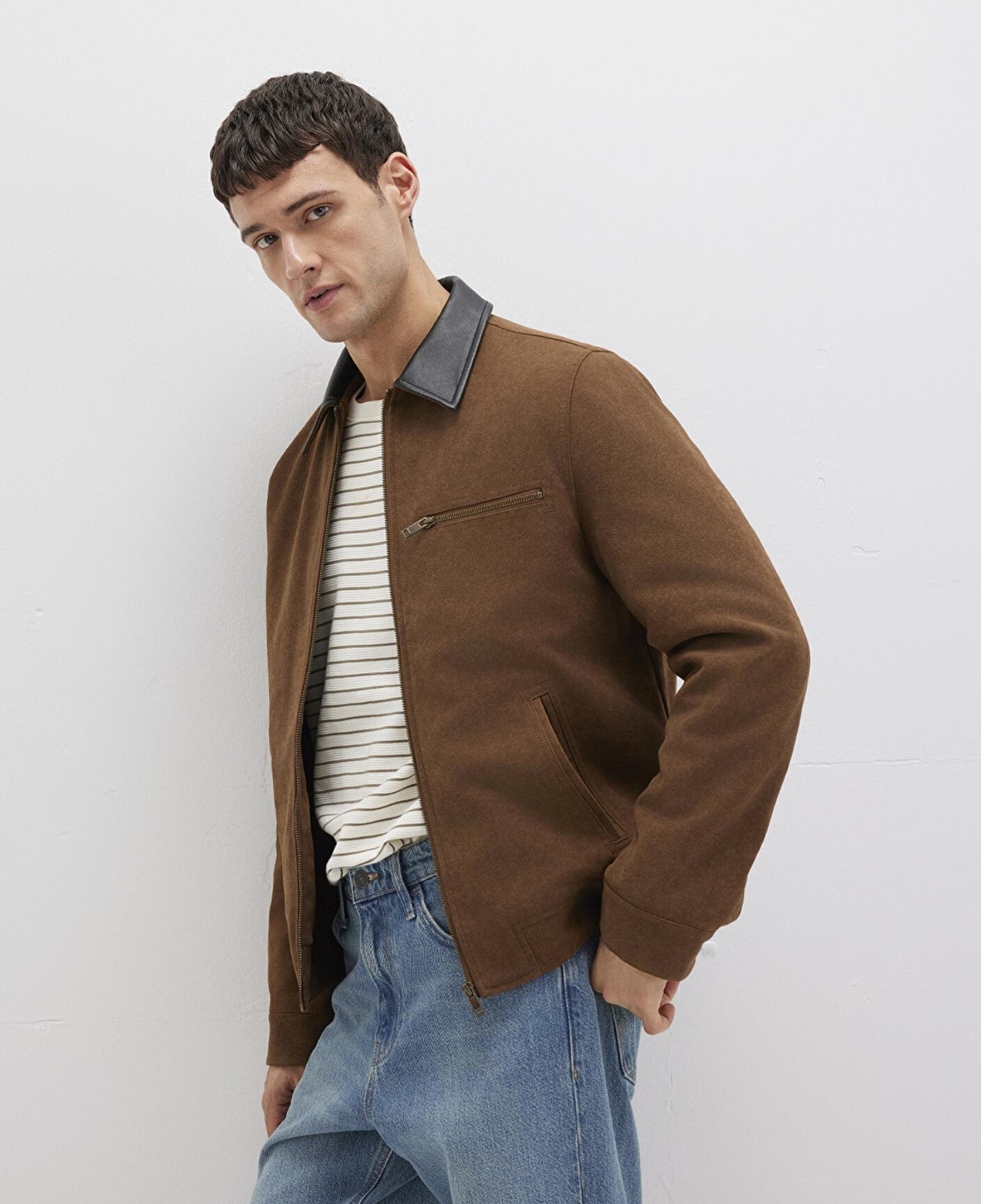 Mavi Yaka Detaylı Kahverengi Suni Süet Ceket Regular Fit / Normal Kesim 0110638-70378