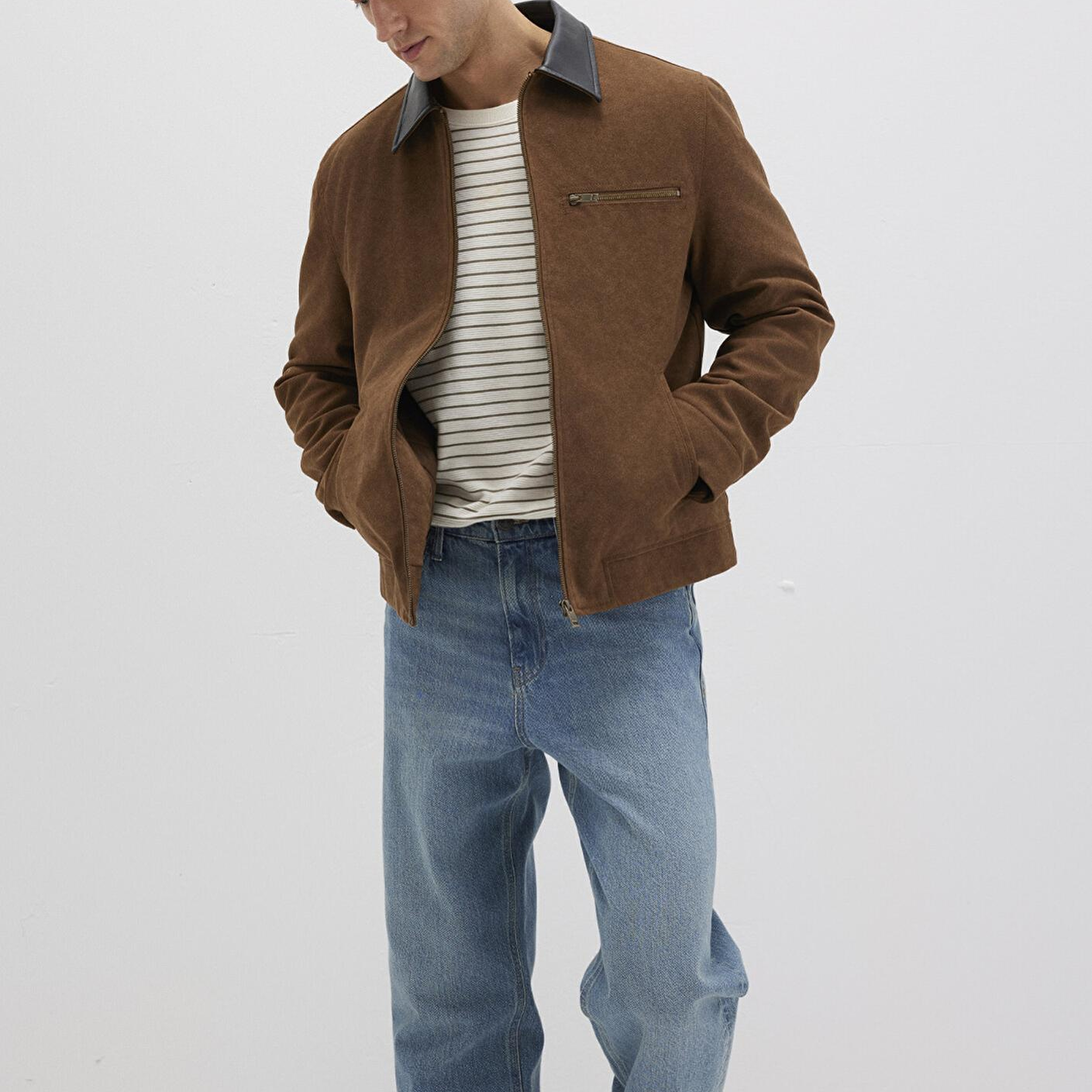 Mavi Yaka Detaylı Kahverengi Suni Süet Ceket Regular Fit / Normal Kesim 0110638-70378