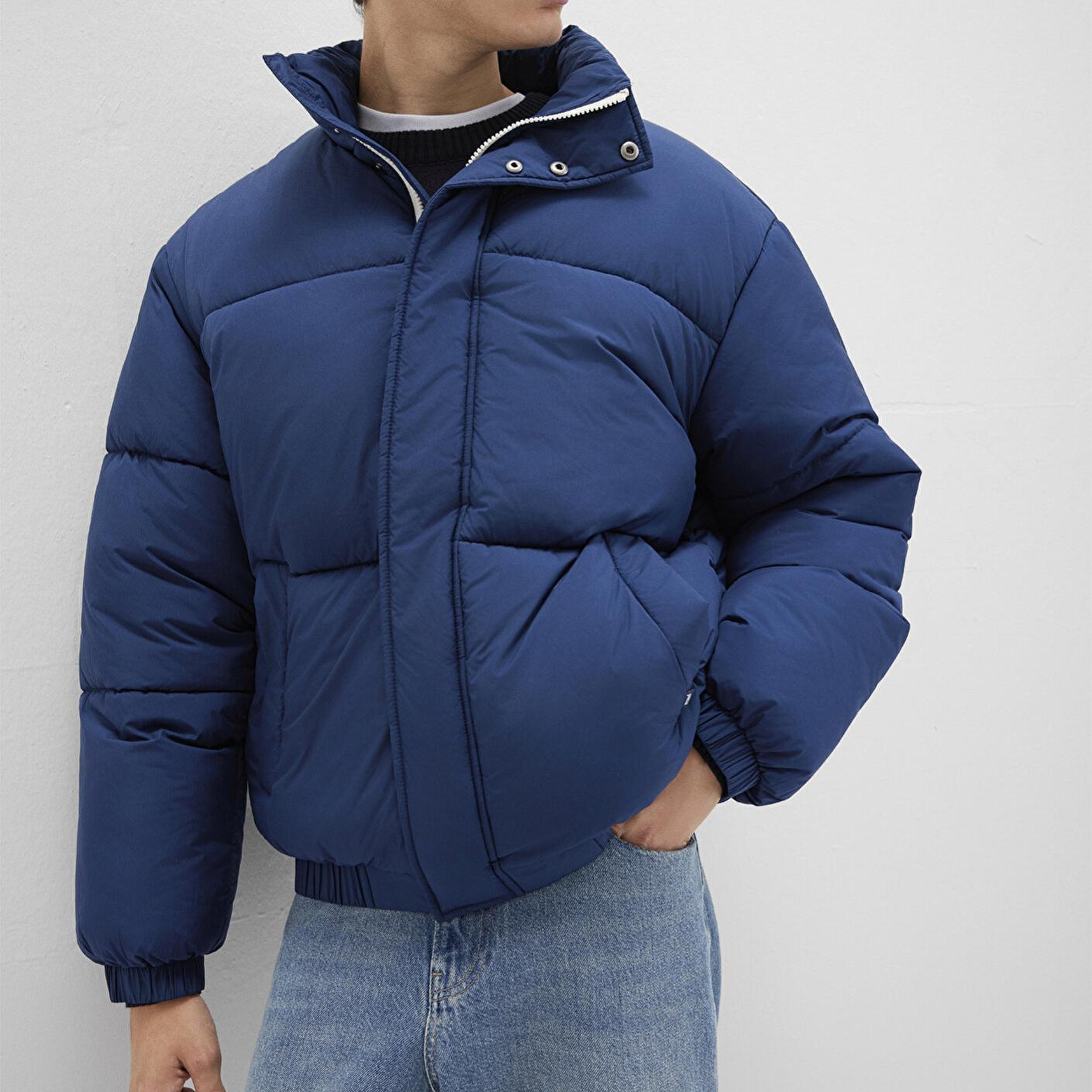 Mavi Dik Yaka Mavi Şişme Mont 0110609-89353