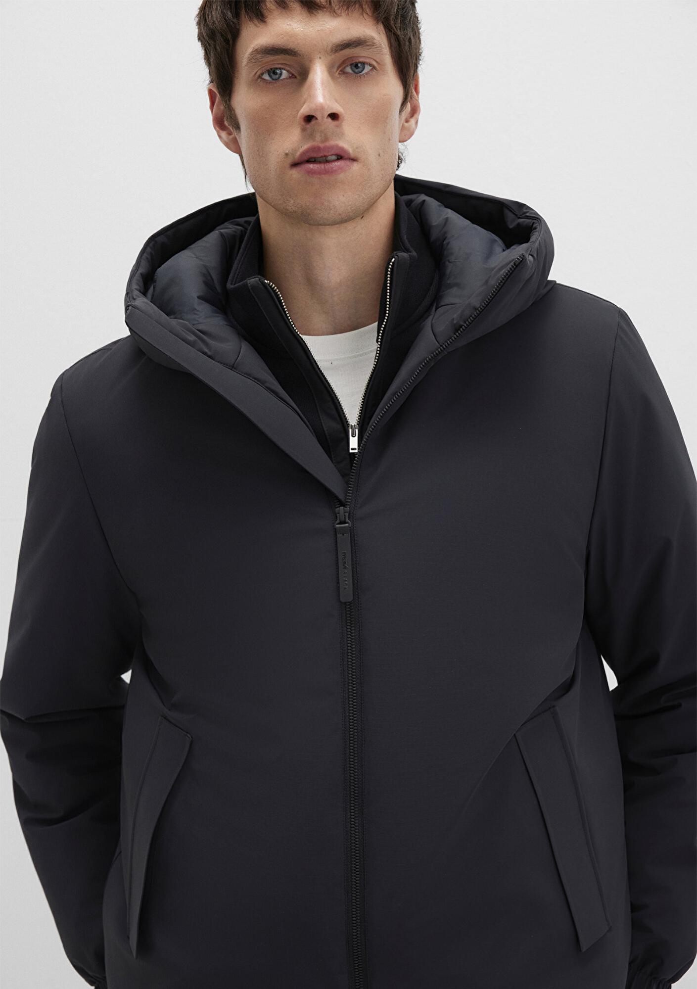 Mavi Kapüşonlu Siyah Mont Loose Fit / Bol Rahat Kesim 0110617-71379