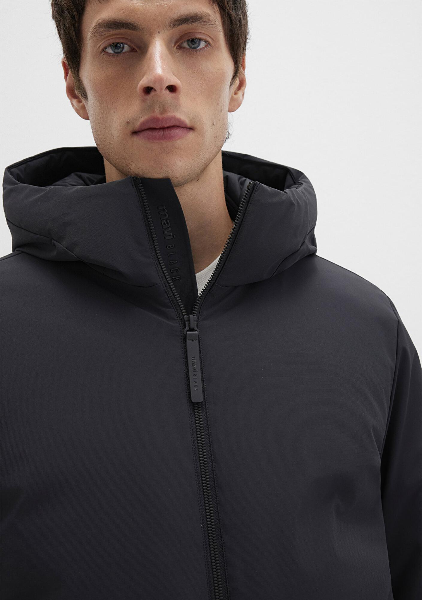 Mavi Kapüşonlu Siyah Mont Loose Fit / Bol Rahat Kesim 0110617-71379