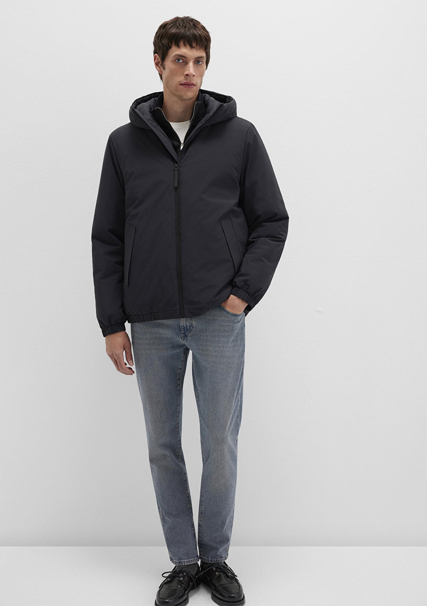 Mavi Kapüşonlu Siyah Mont Loose Fit / Bol Rahat Kesim 0110617-71379