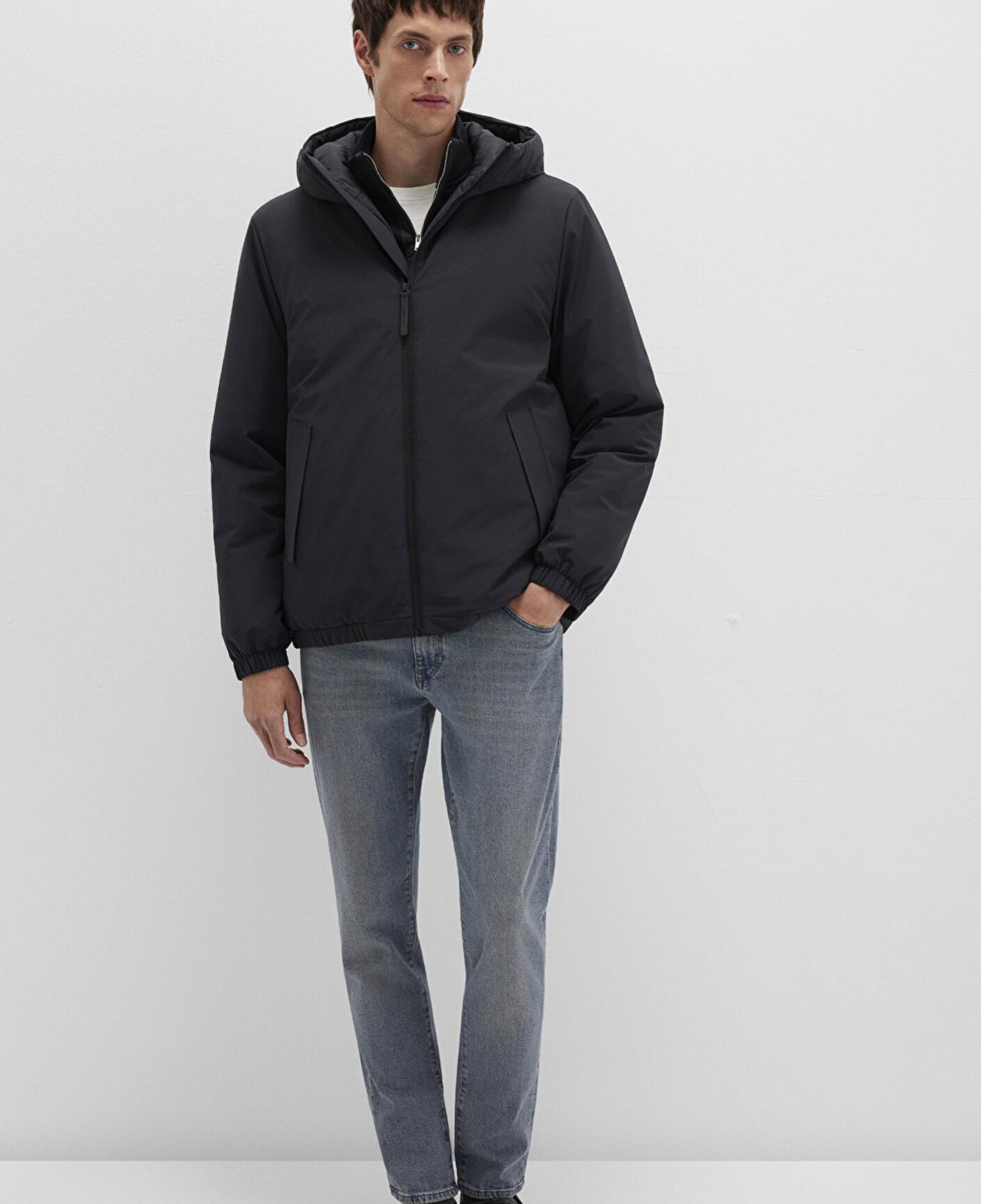 Mavi Kapüşonlu Siyah Mont Loose Fit / Bol Rahat Kesim 0110617-71379