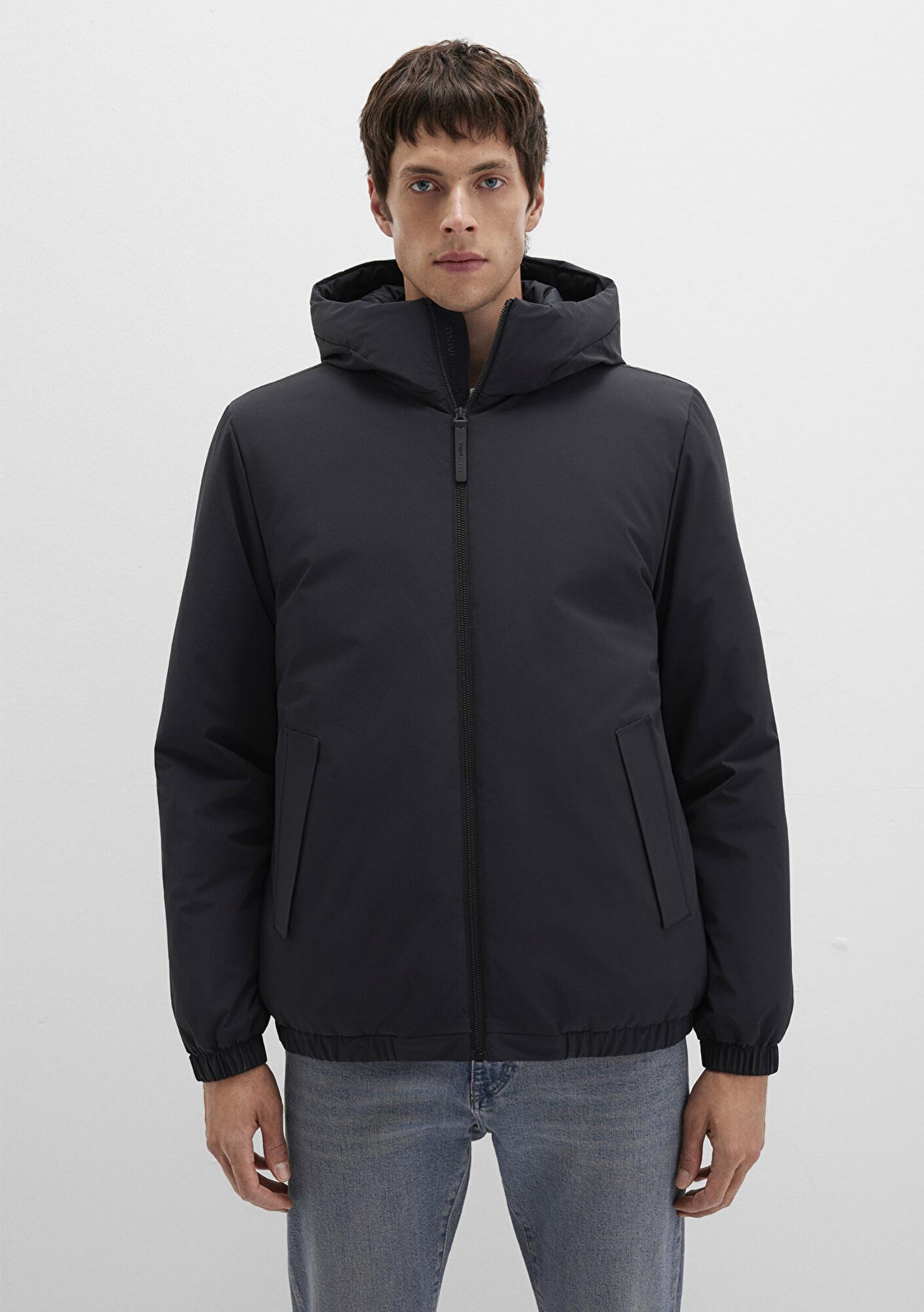 Mavi Kapüşonlu Siyah Mont Loose Fit / Bol Rahat Kesim 0110617-71379