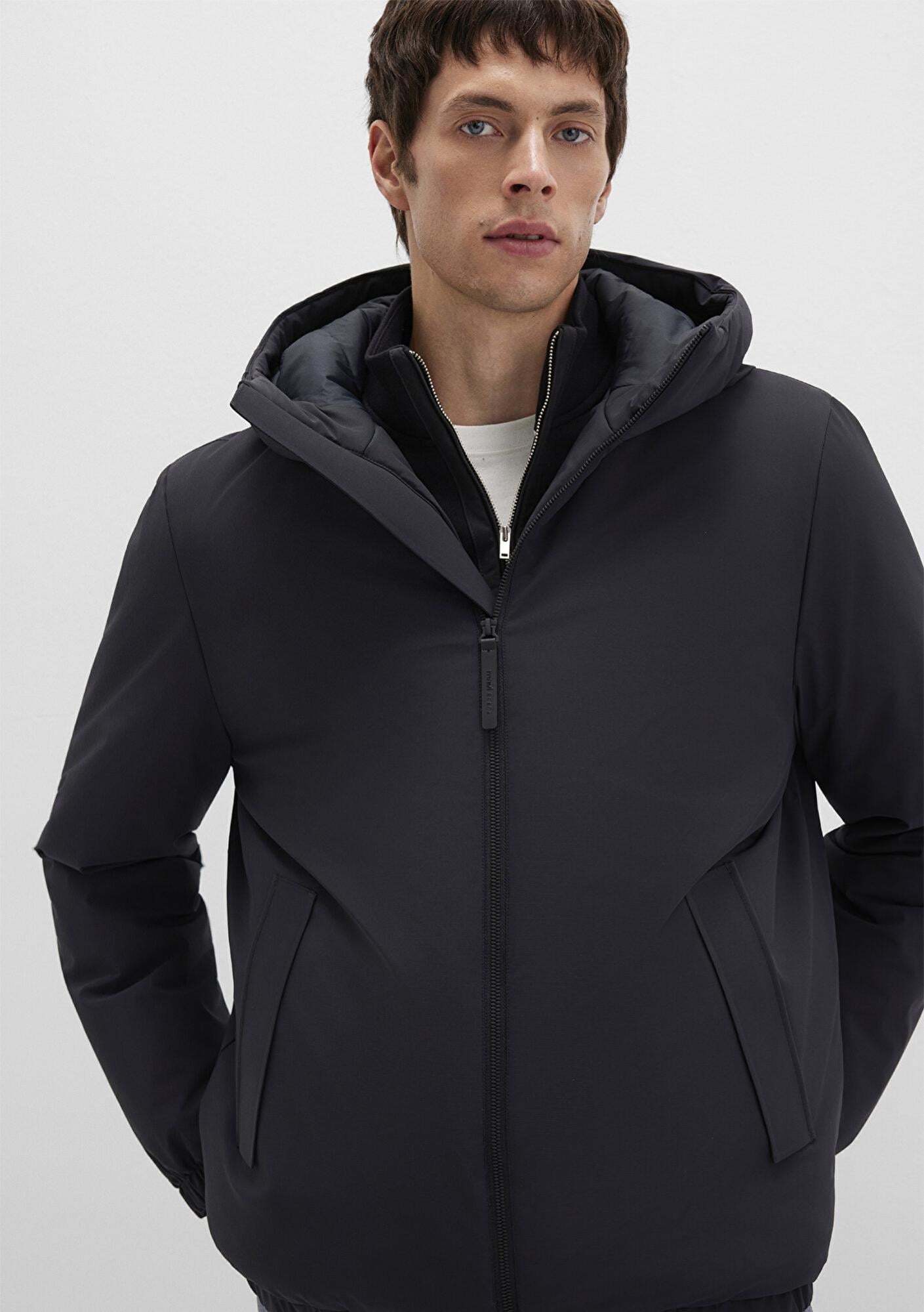 Mavi Kapüşonlu Siyah Mont Loose Fit / Bol Rahat Kesim 0110617-71379