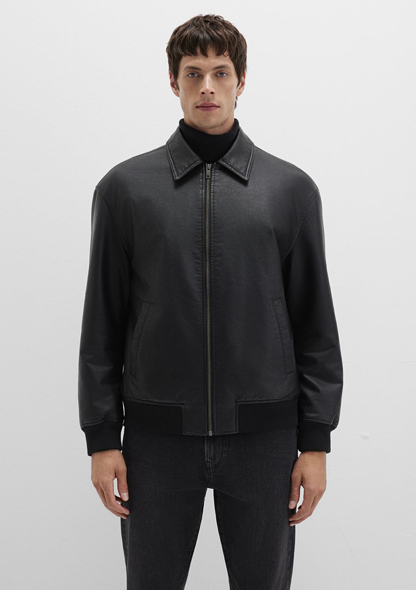 Mavi Siyah Suni Deri Ceket Loose Fit / Bol Rahat Kesim 0110636-71379