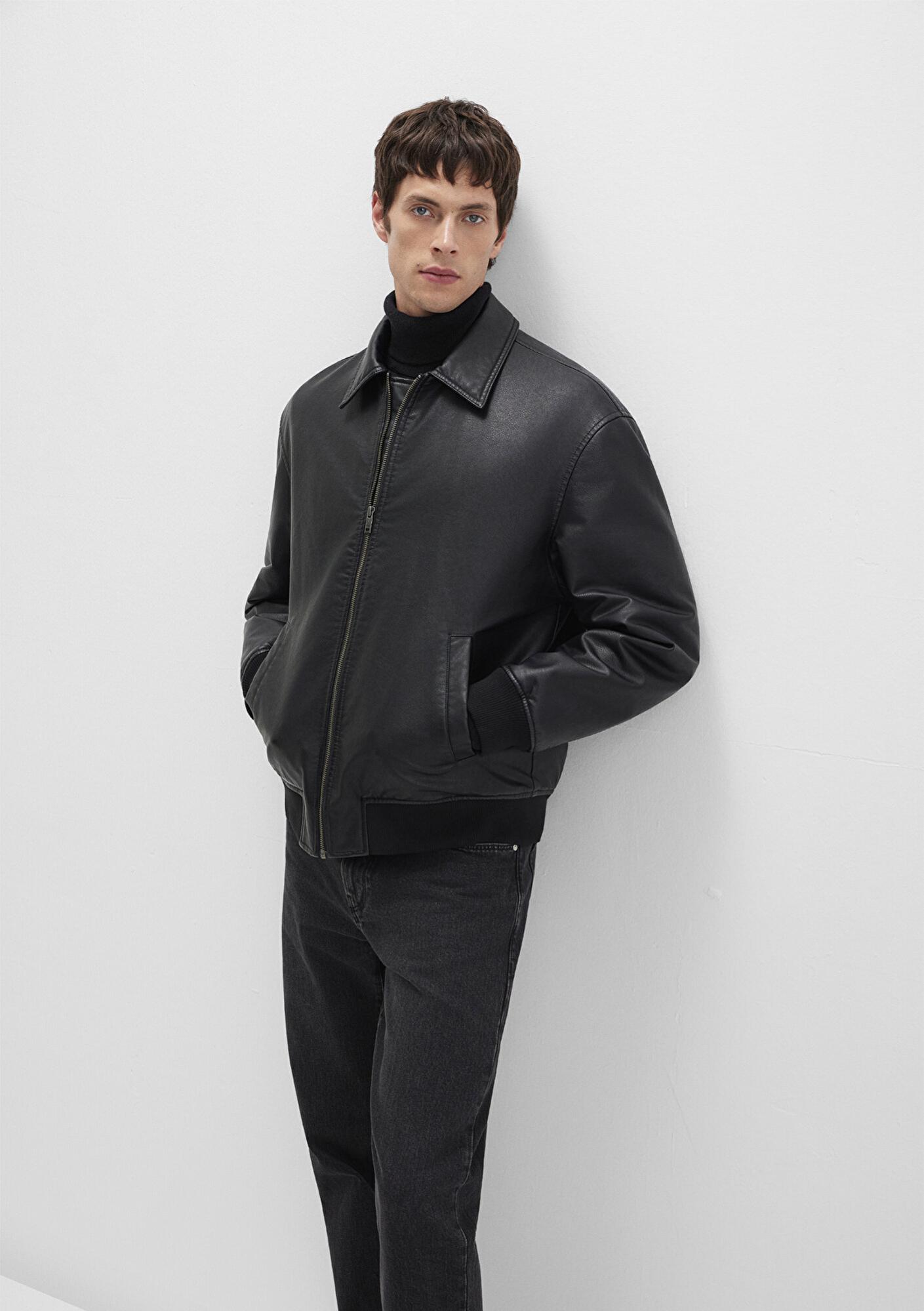 Mavi Siyah Suni Deri Ceket Loose Fit / Bol Rahat Kesim 0110636-71379