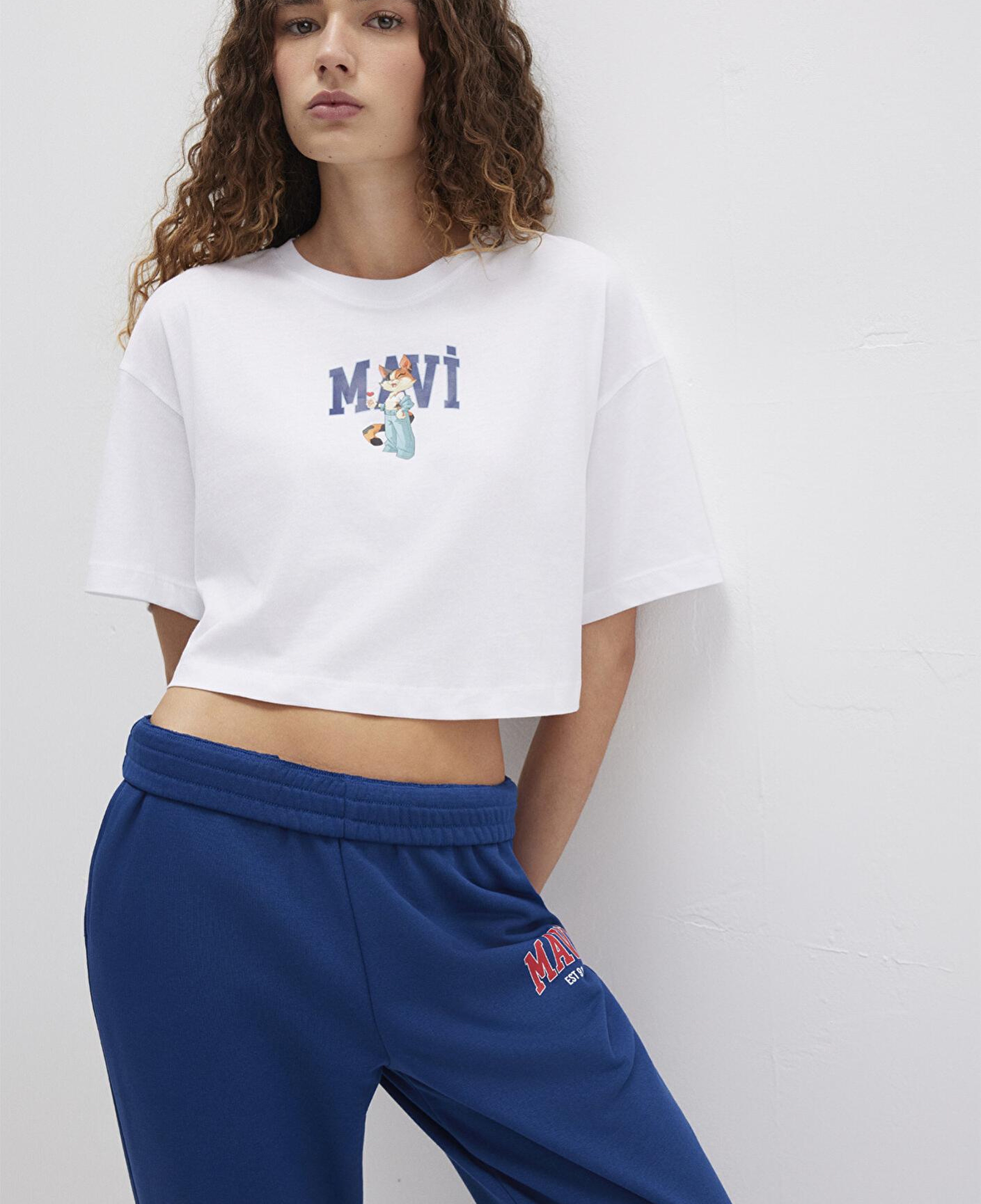 Mavi Kedi Logo Baskılı Beyaz Tişört Crop / Kısa Kesim 1613284-620