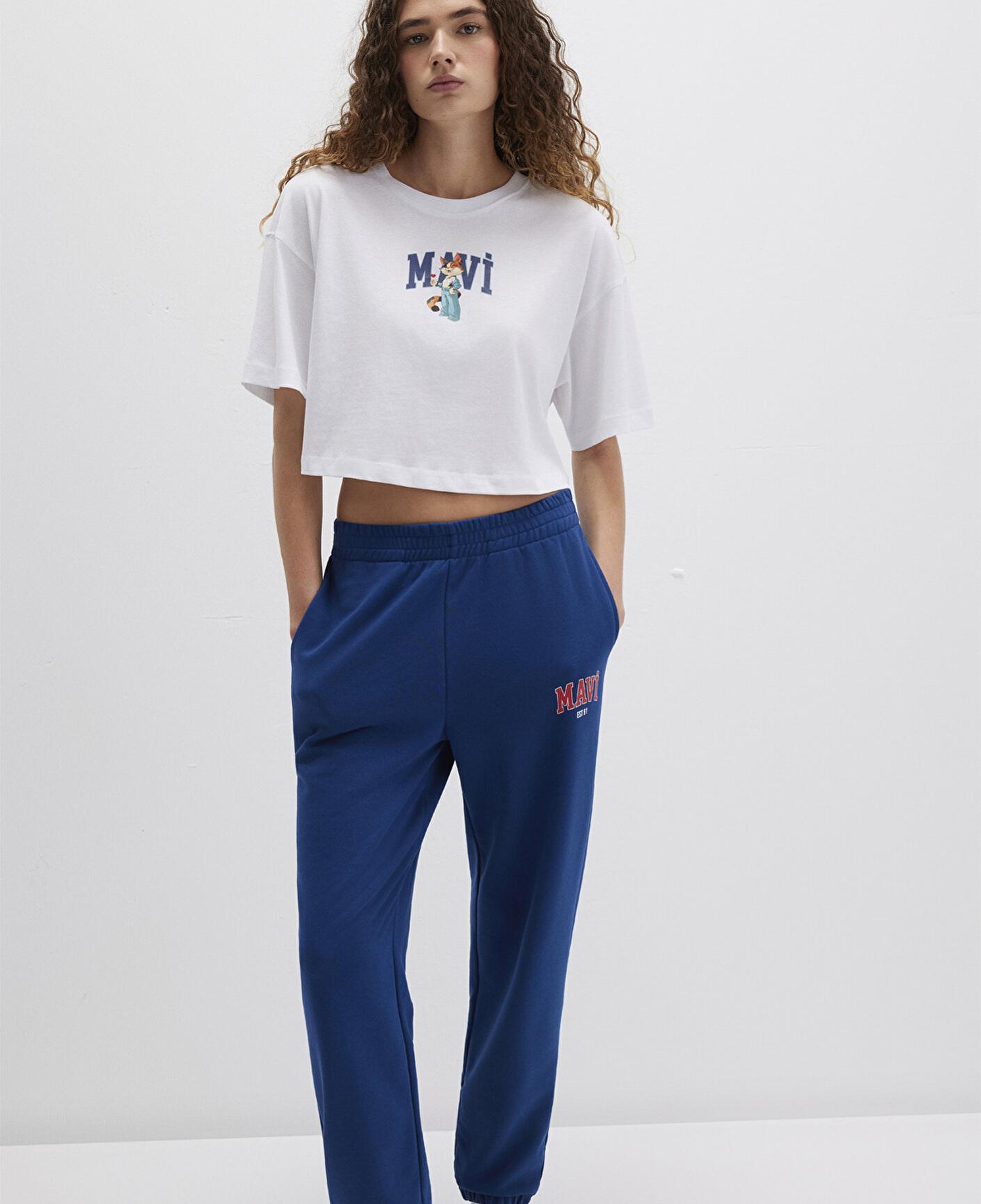 Mavi Kedi Logo Baskılı Beyaz Tişört Crop / Kısa Kesim 1613284-620