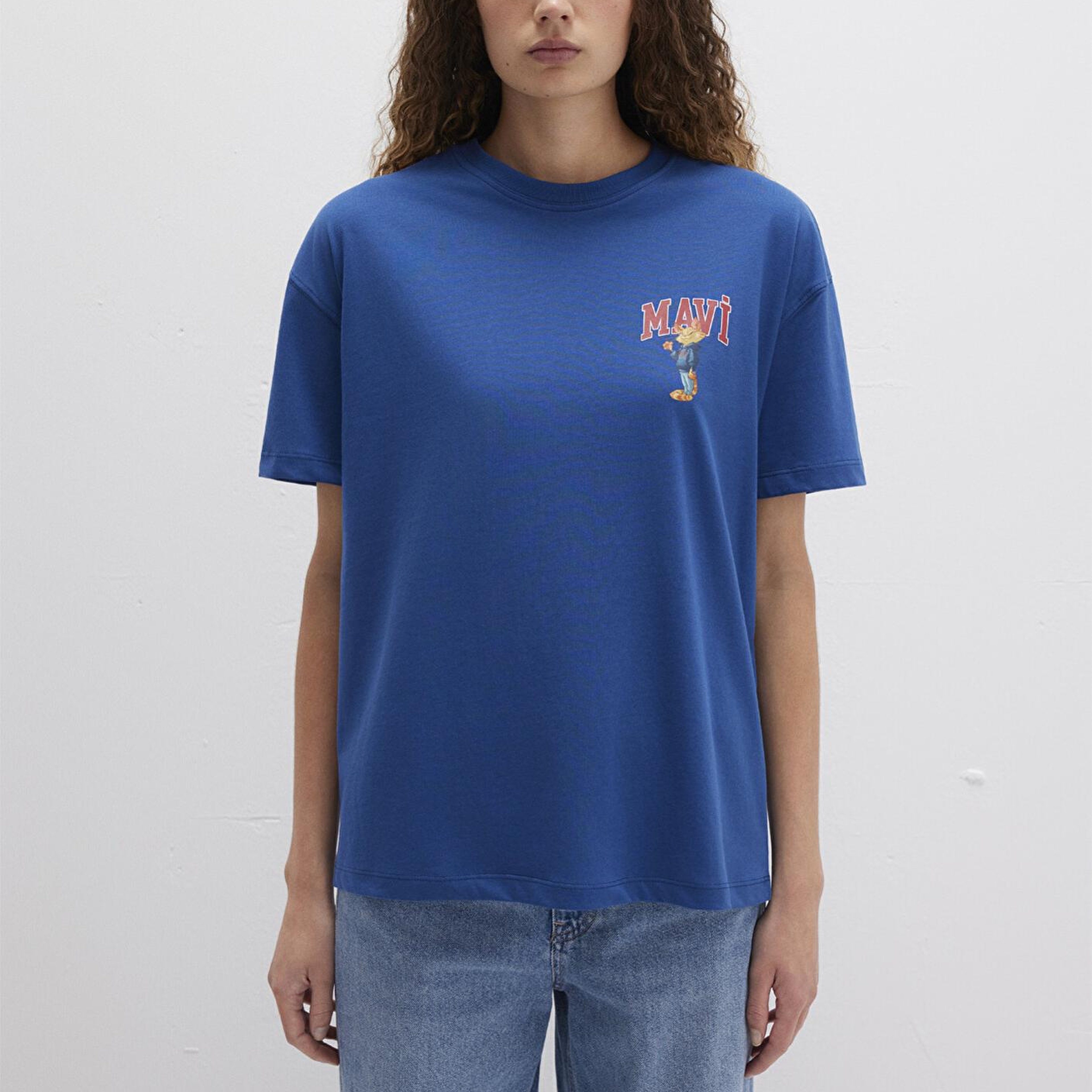 Mavi Kedi Logo Baskılı Lacivert Tişört Loose Fit / Bol Rahat Kesim 1613283-82625