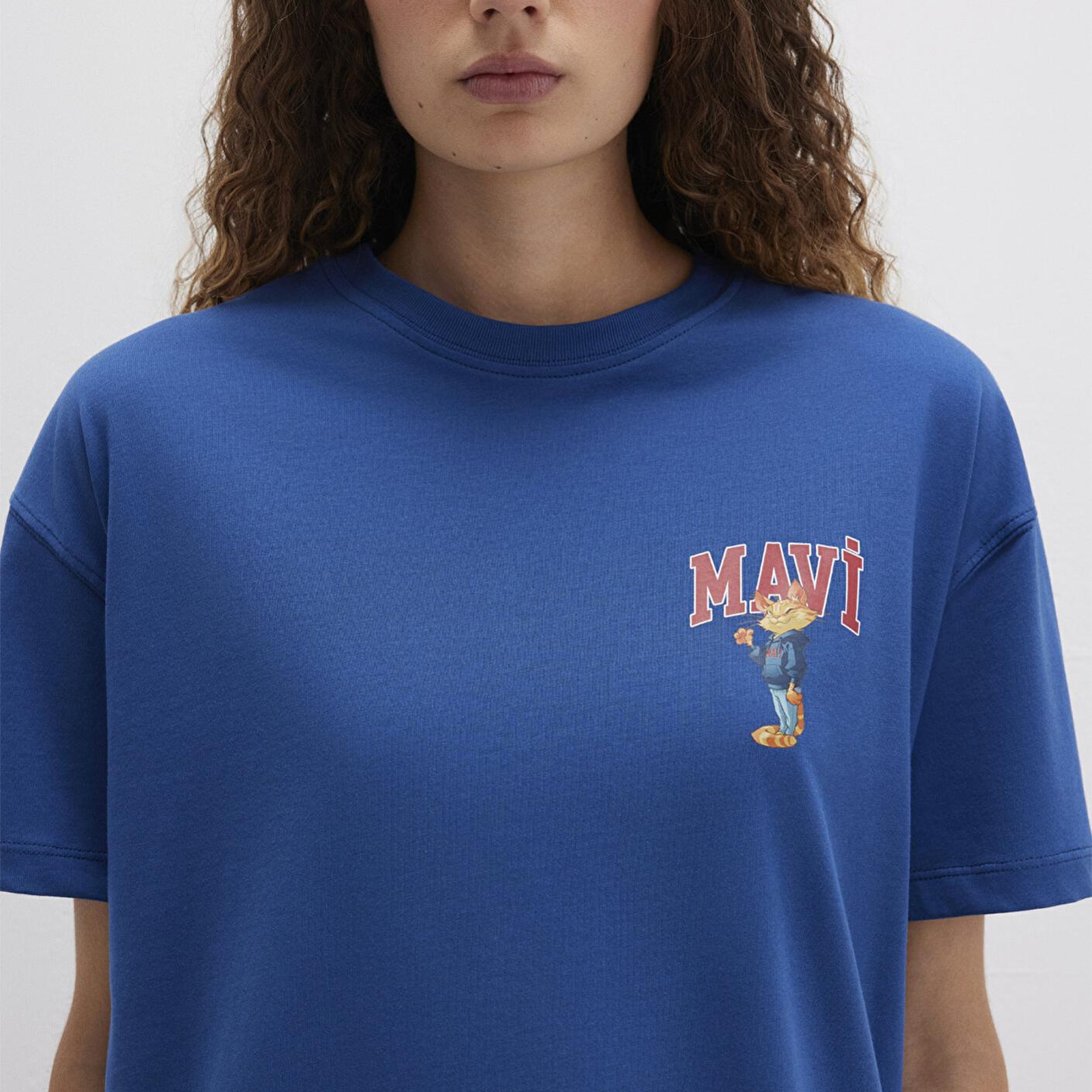 Mavi Kedi Logo Baskılı Lacivert Tişört Loose Fit / Bol Rahat Kesim 1613283-82625