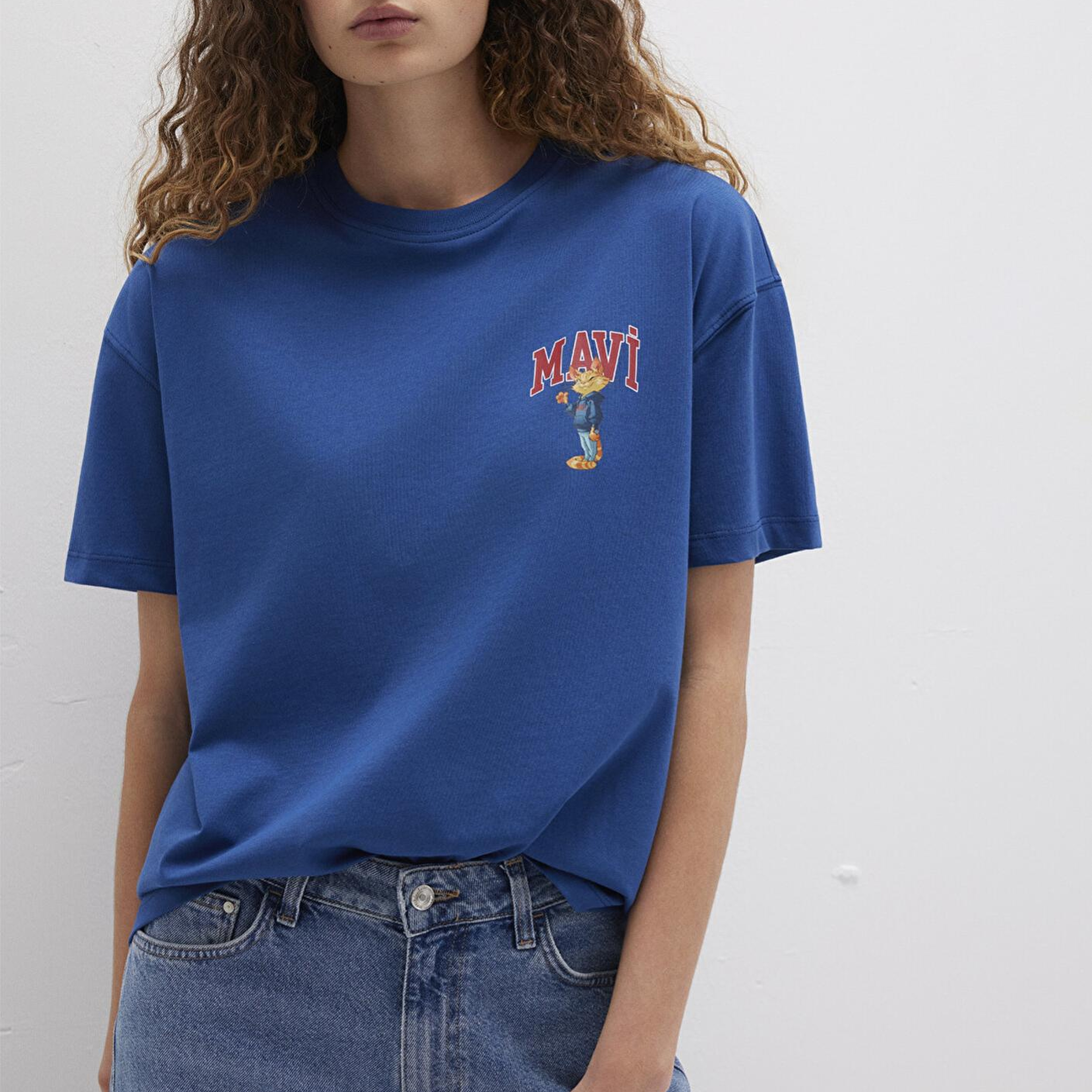 Mavi Kedi Logo Baskılı Lacivert Tişört Loose Fit / Bol Rahat Kesim 1613283-82625