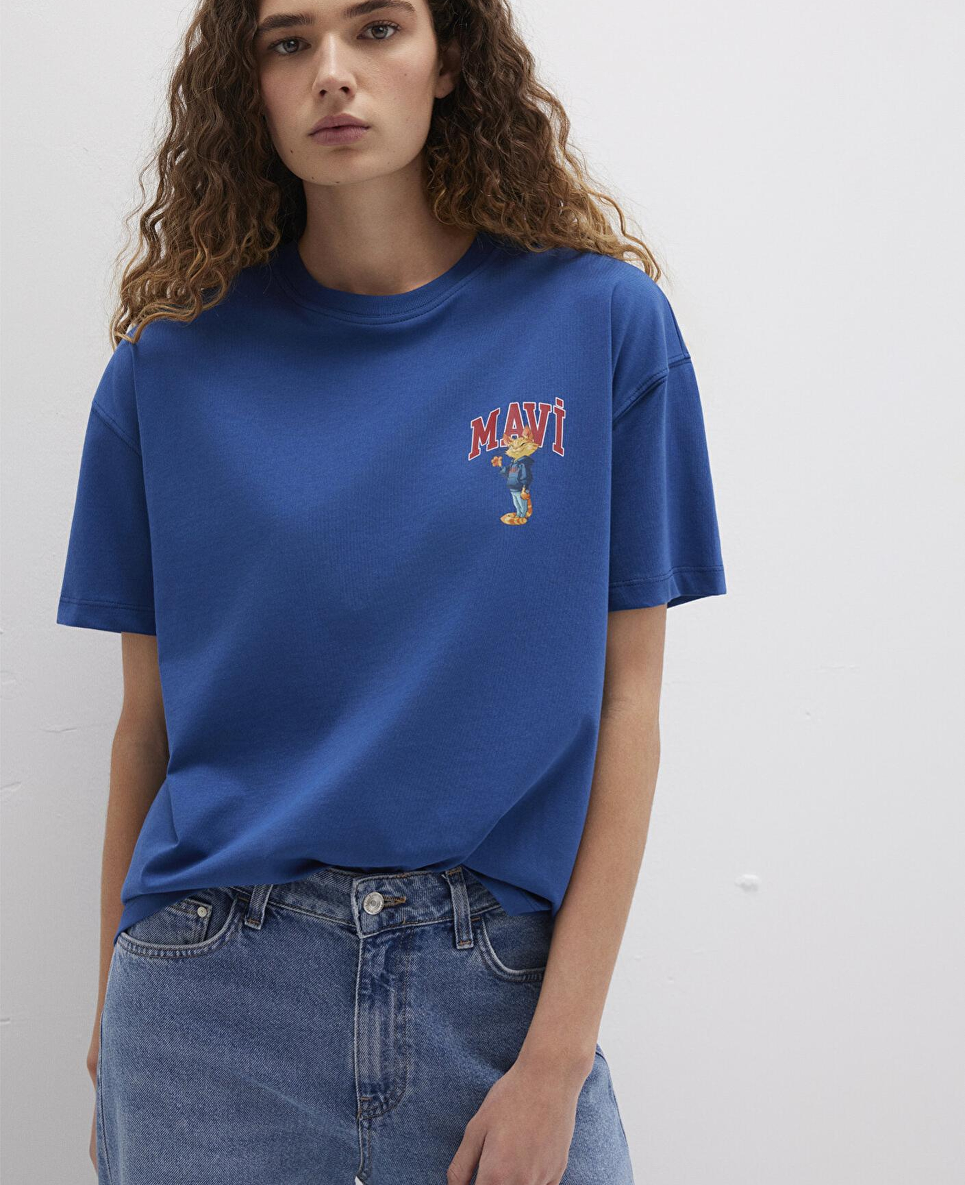 Mavi Kedi Logo Baskılı Lacivert Tişört Loose Fit / Bol Rahat Kesim 1613283-82625