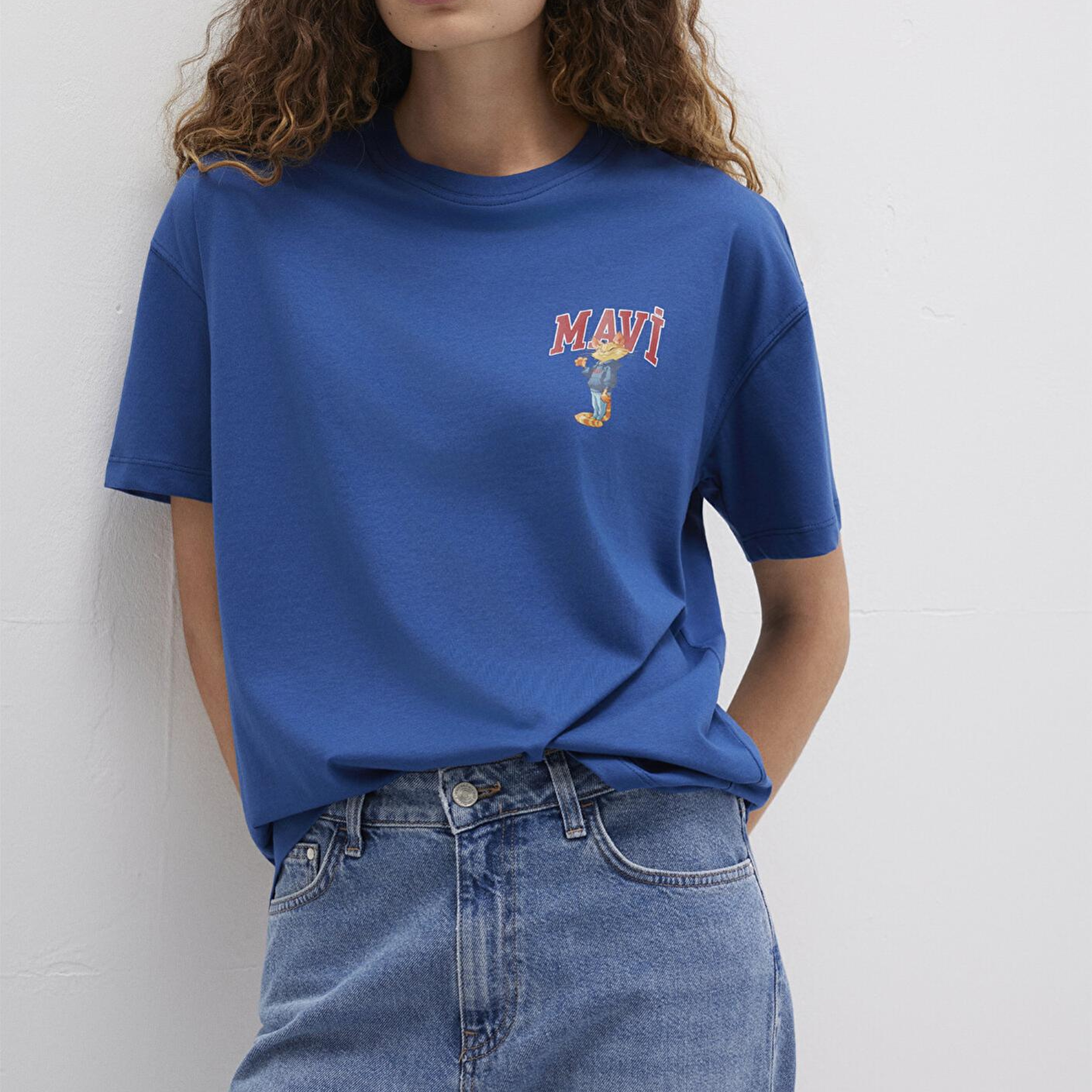 Mavi Kedi Logo Baskılı Lacivert Tişört Loose Fit / Bol Rahat Kesim 1613283-82625