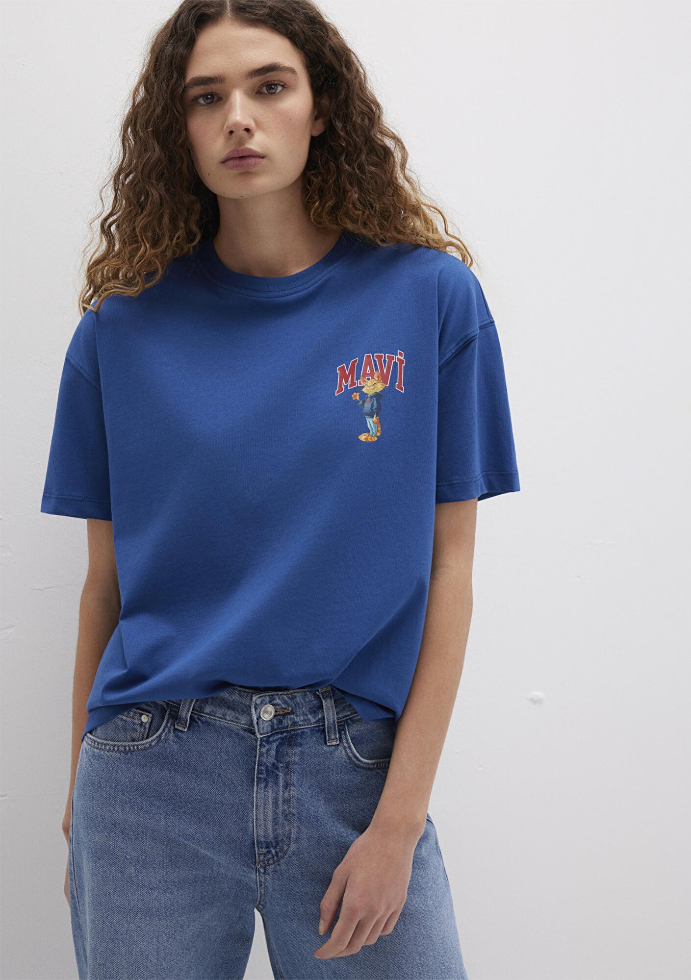 Mavi Kedi Logo Baskılı Lacivert Tişört Loose Fit / Bol Rahat Kesim 1613283-82625