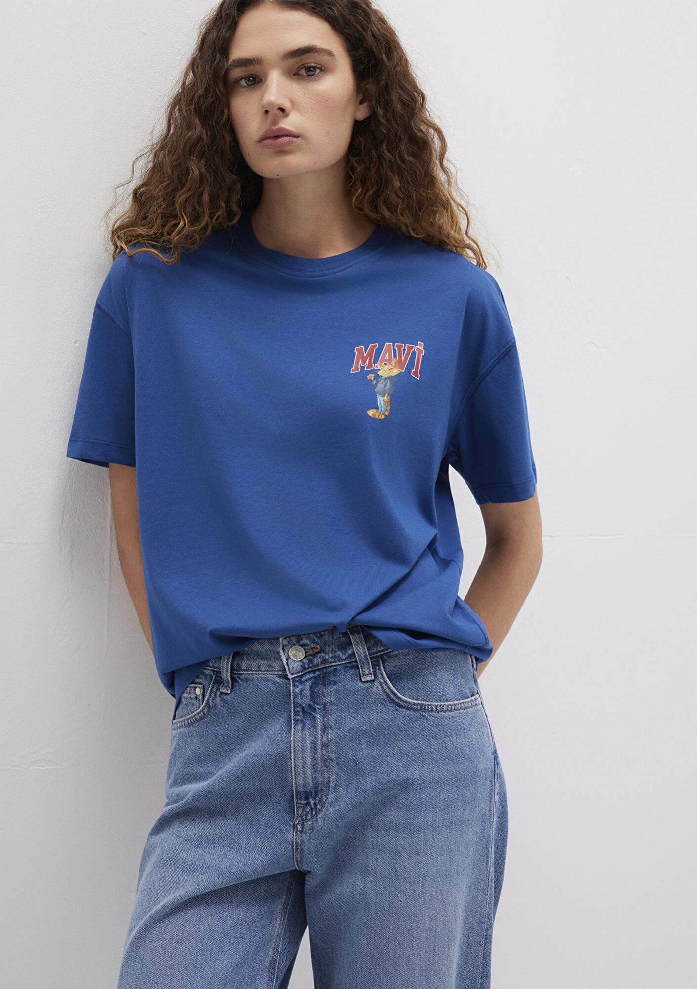 Mavi Kedi Logo Baskılı Lacivert Tişört Loose Fit / Bol Rahat Kesim 1613283-82625