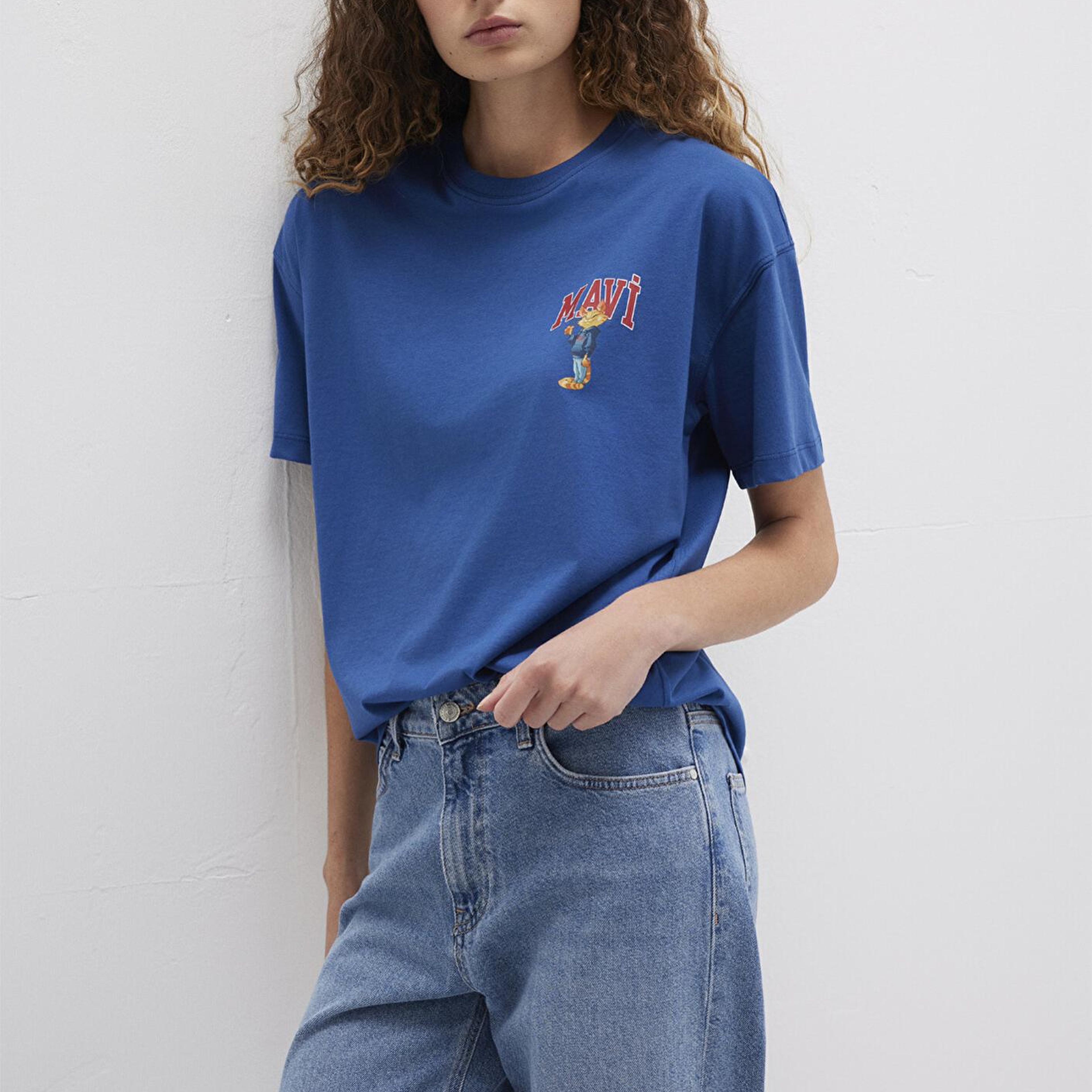Mavi Kedi Logo Baskılı Lacivert Tişört Loose Fit / Bol Rahat Kesim 1613283-82625