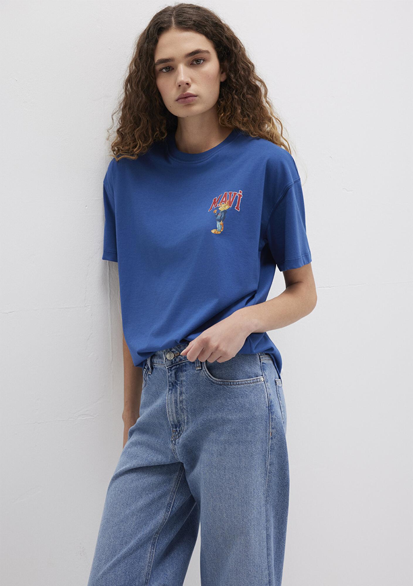 Mavi Kedi Logo Baskılı Lacivert Tişört Loose Fit / Bol Rahat Kesim 1613283-82625
