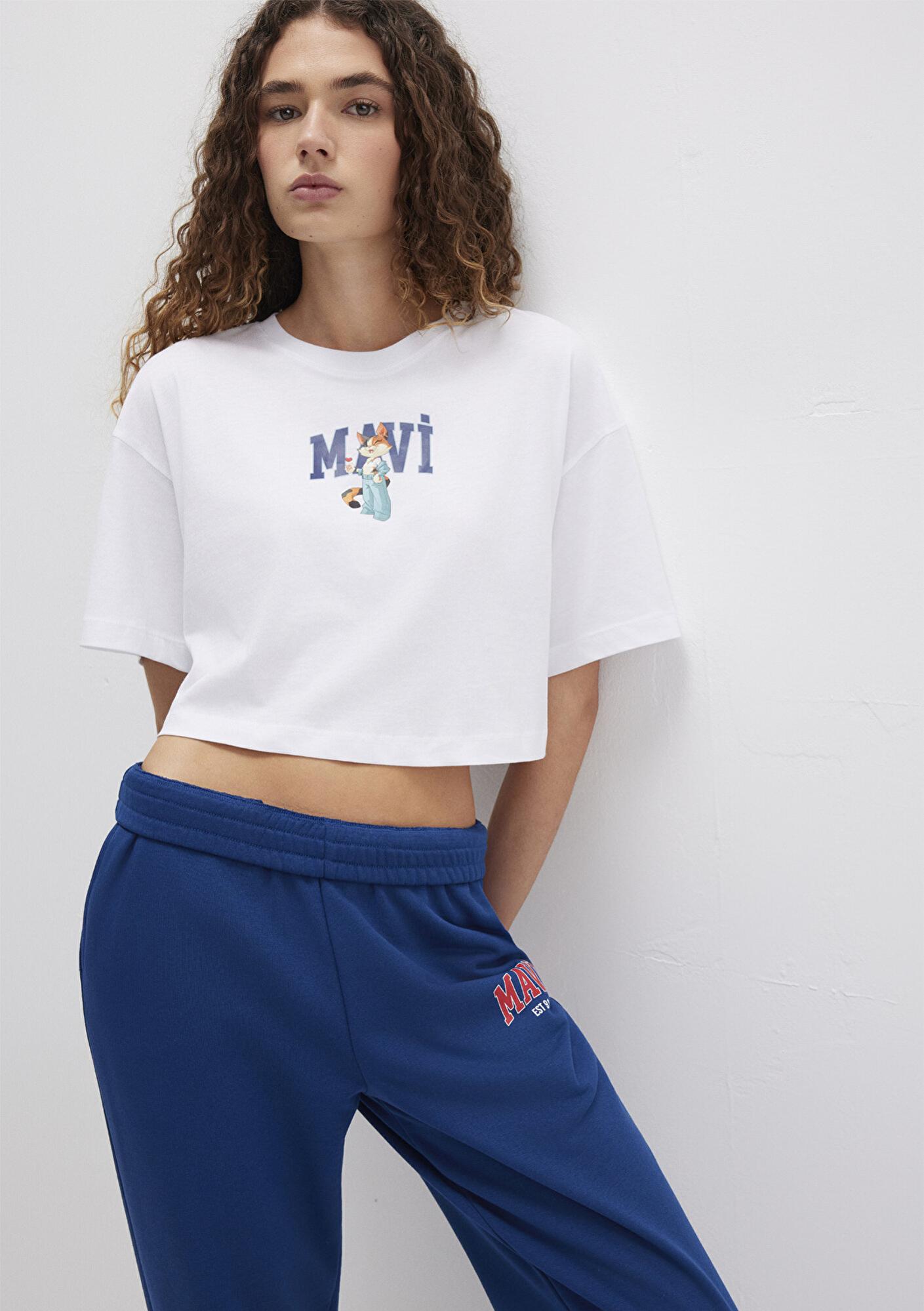 Mavi Kedi Logo Baskılı Beyaz Tişört Crop / Kısa Kesim 1613284-620
