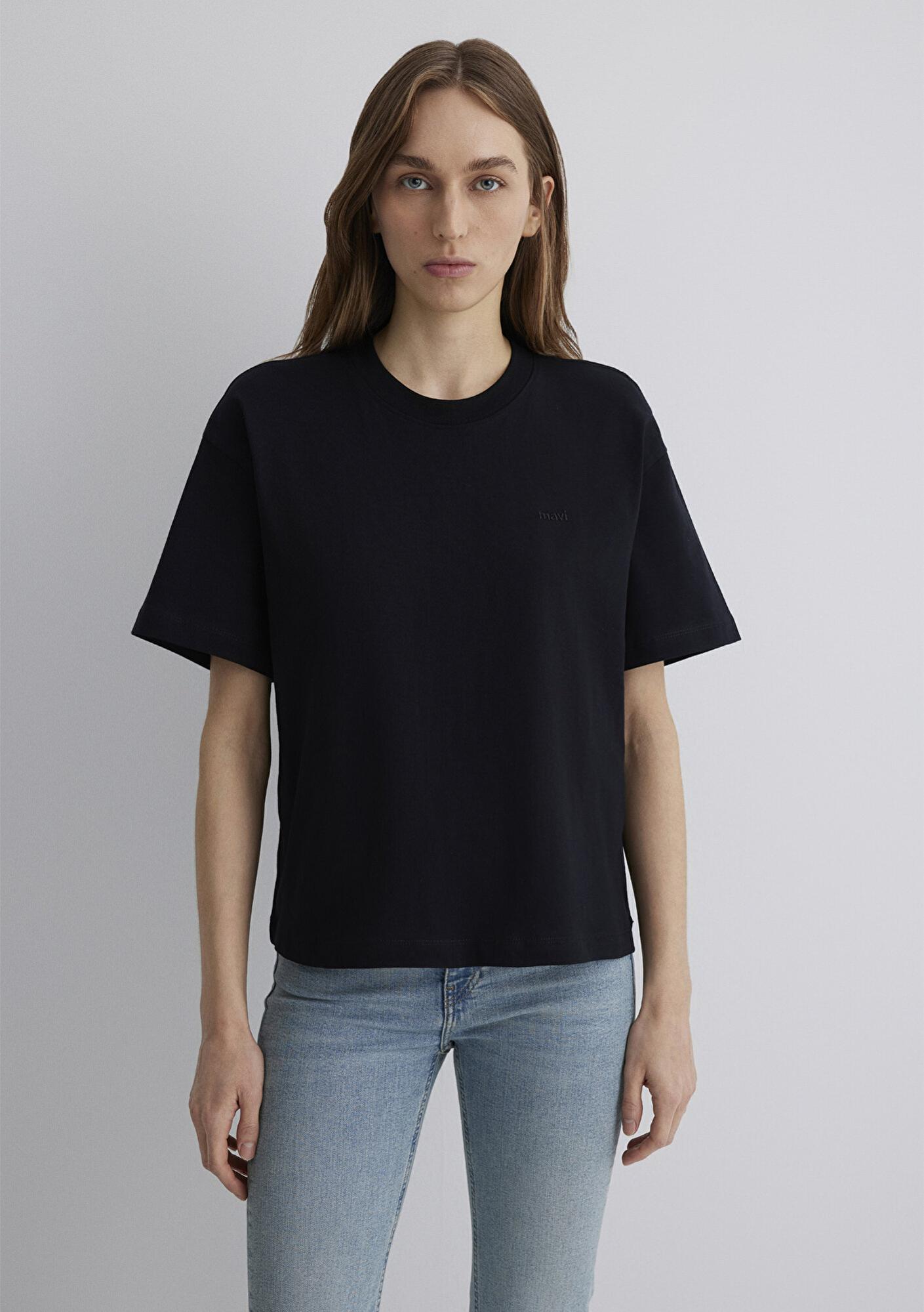 Mavi Mavi Nakışlı Siyah Basic Tişört Loose Fit / Bol Rahat Kesim 1613225-900