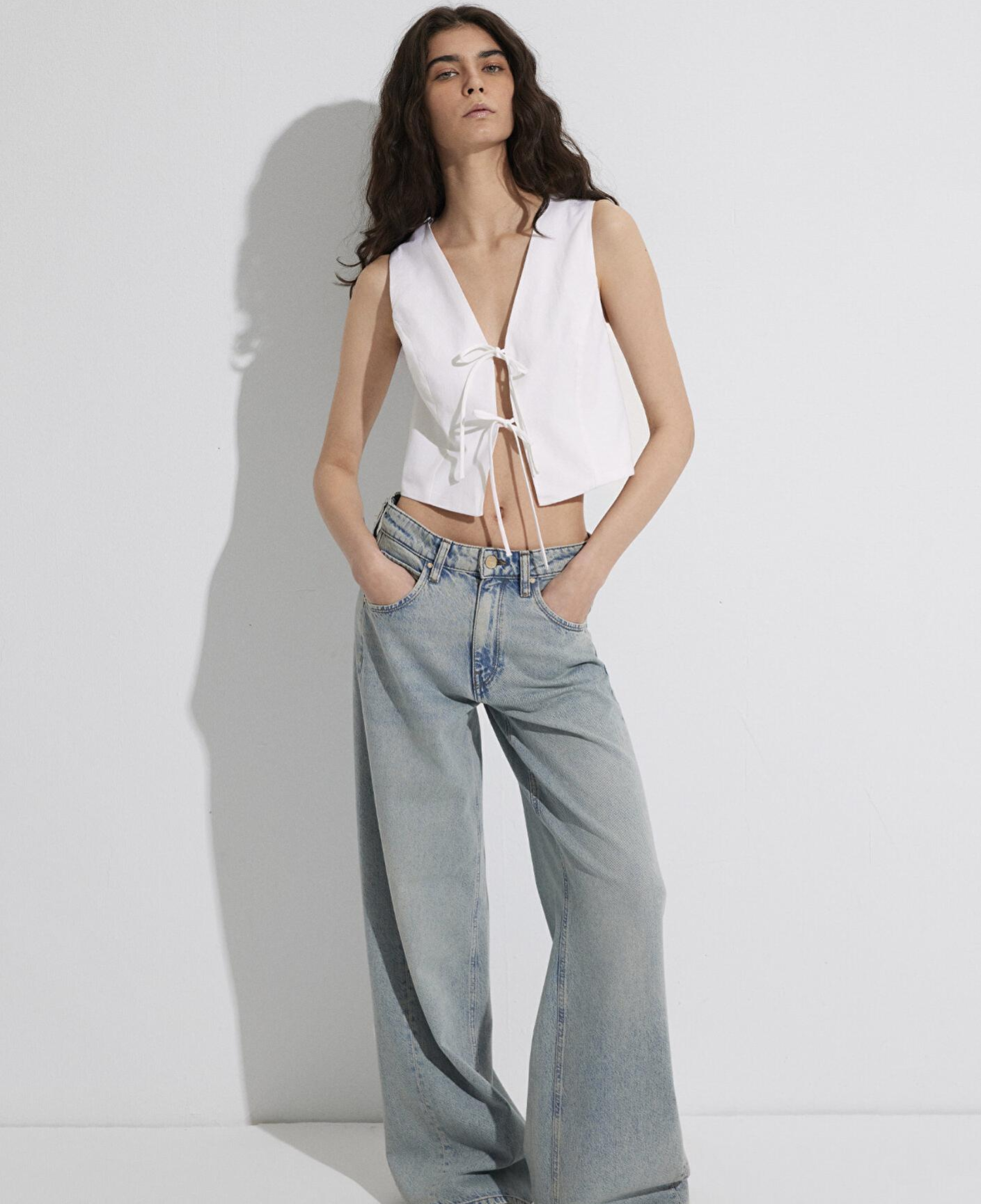 Mavi Ekru Keten Karışımlı Bluz 1211103-70057