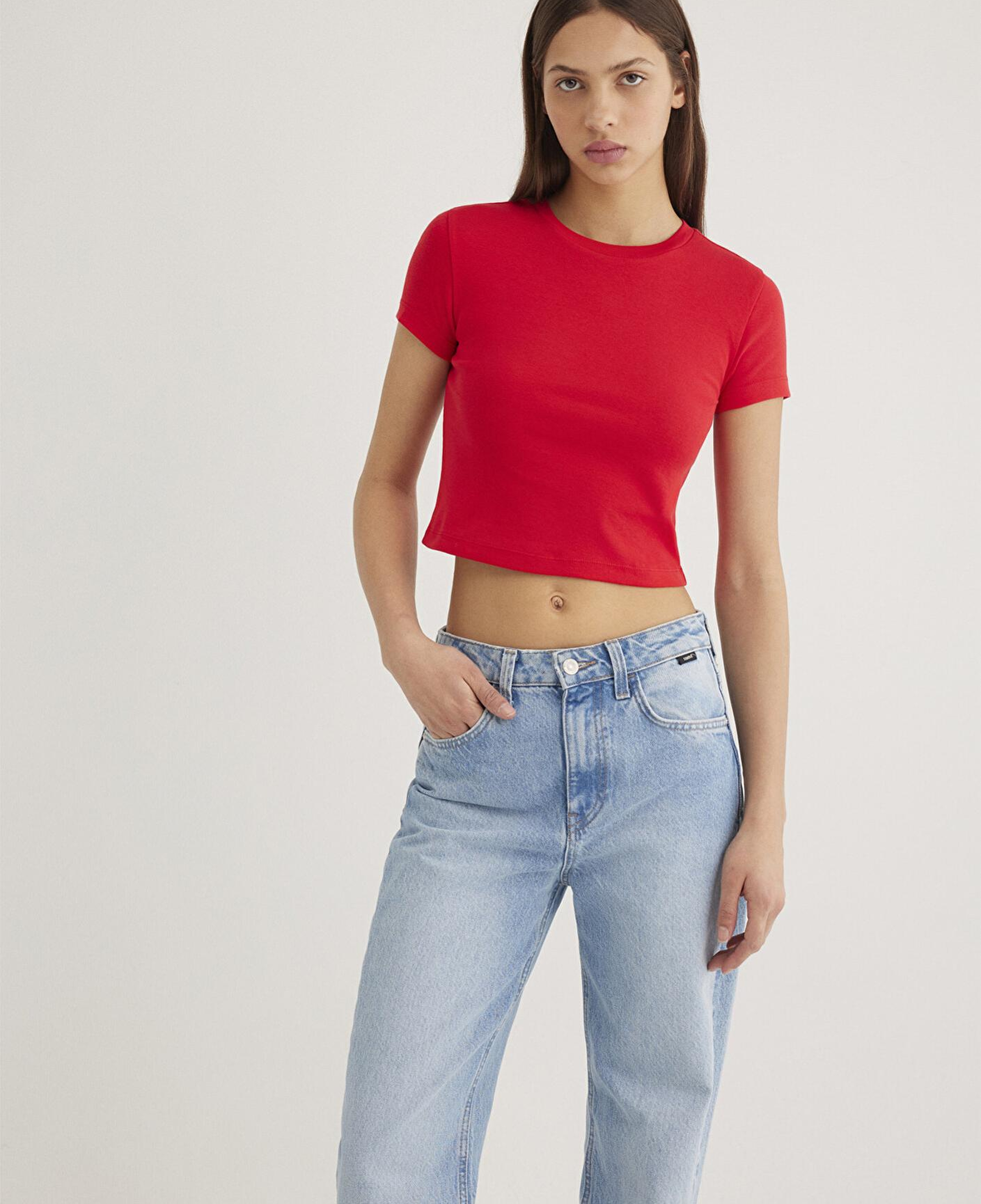 Mavi Kırmızı Basic Crop Tişört Crop / Kısa Kesim 1600814-70467