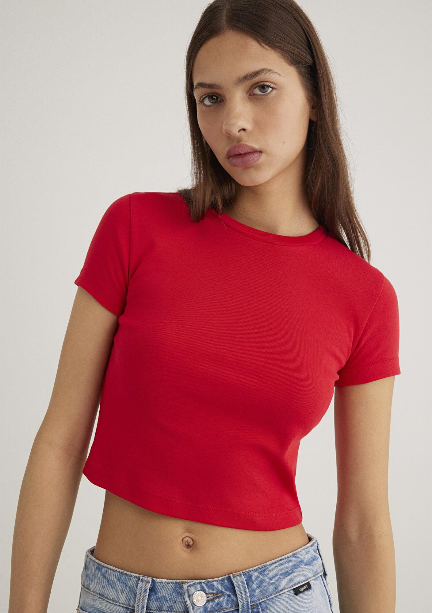 Mavi Kırmızı Basic Crop Tişört Crop / Kısa Kesim 1600814-70467