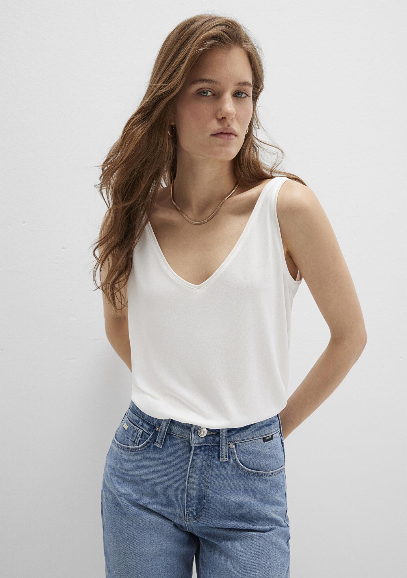 Mavi Dantel Detaylı (TENCEL™) Beyaz Modal Atlet Slim Fit / Dar Kesim 1613215-70057