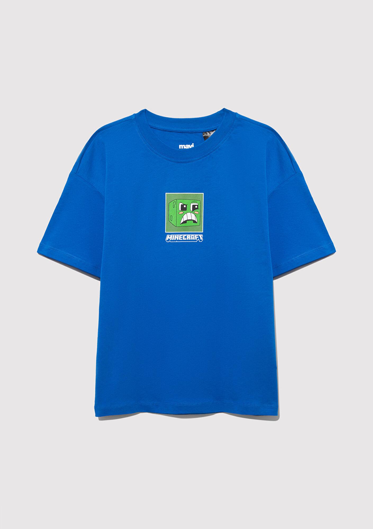 Mavi Minecraft Baskılı Mavi Tişört Oversize / Geniş Kesim 6610342-82491