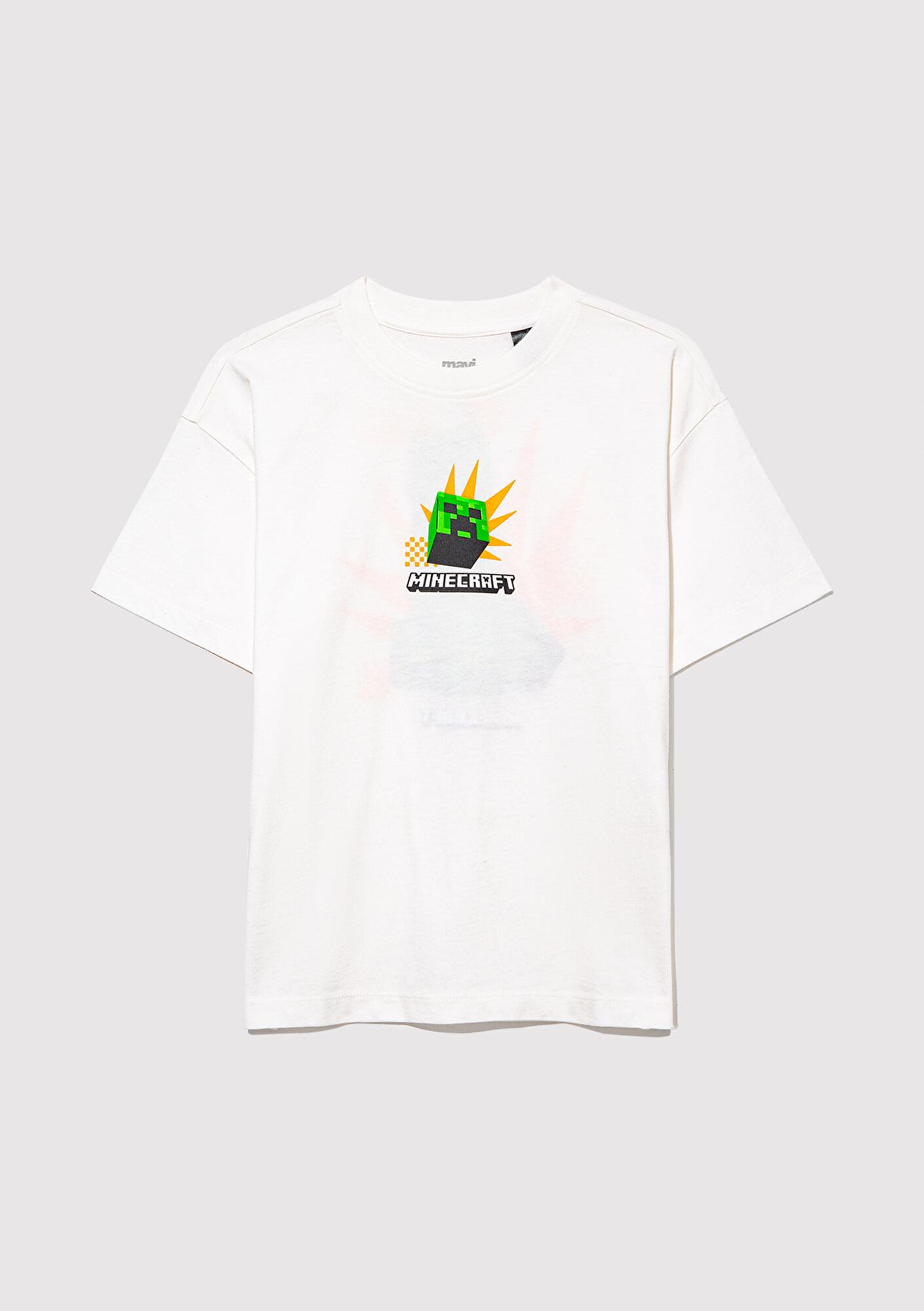 Mavi Minecraft Baskılı Ekru Tişört Oversize / Geniş Kesim 6610340-70057
